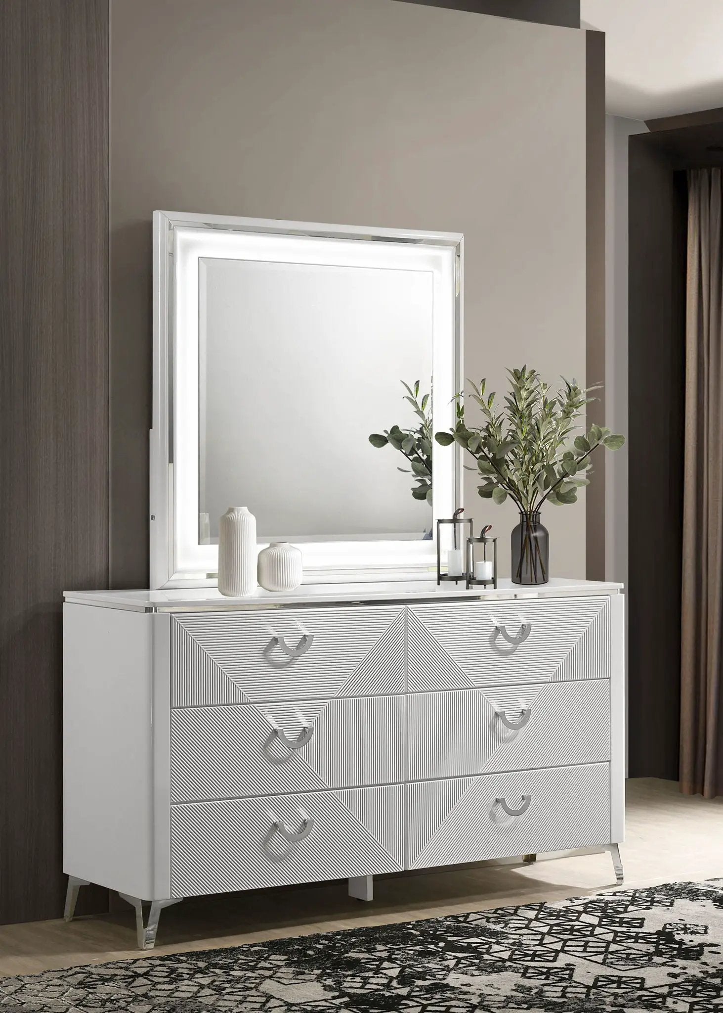 Cassia 6-drawer Dresser Cabinet with Mirror White High Gloss by Unique Piece Furniture