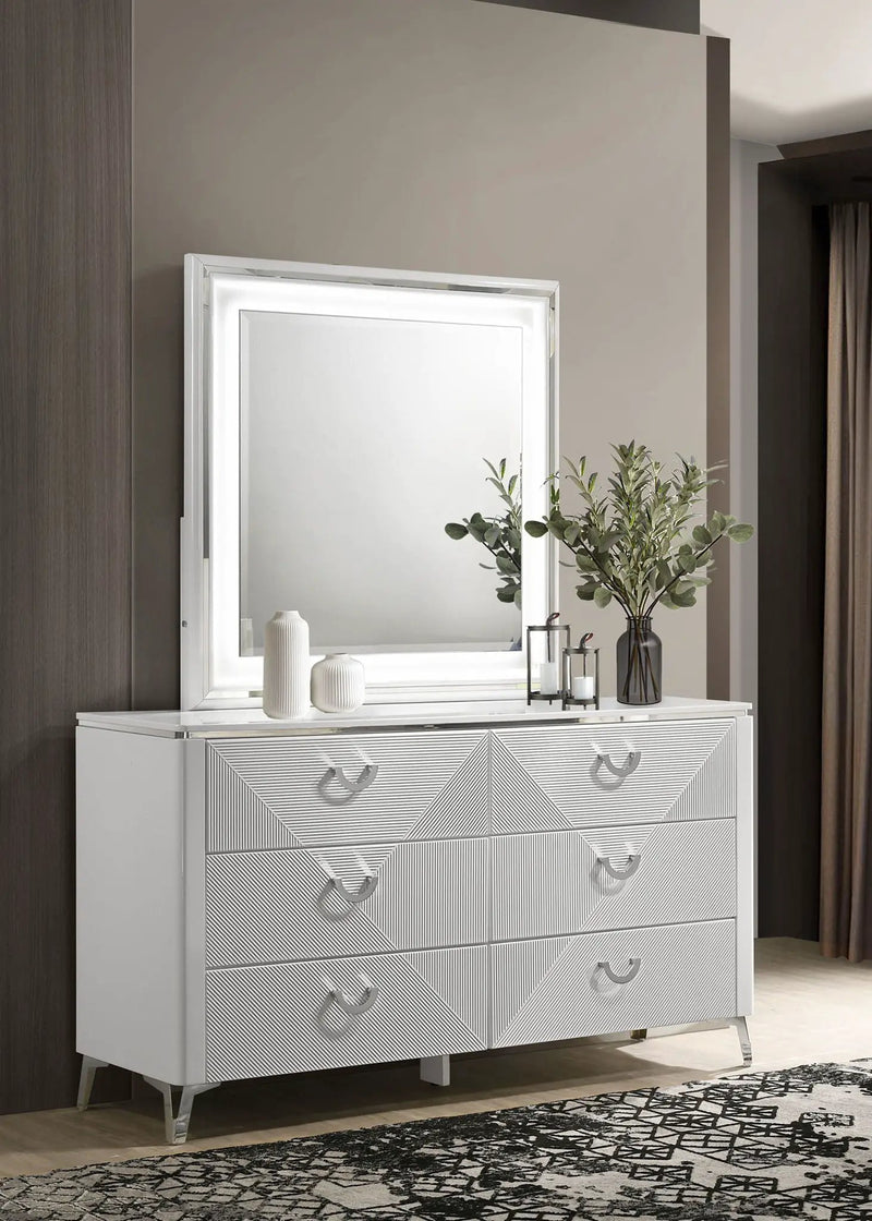 Cassia 6-drawer Dresser Cabinet with Mirror White High Gloss by Unique Piece Furniture