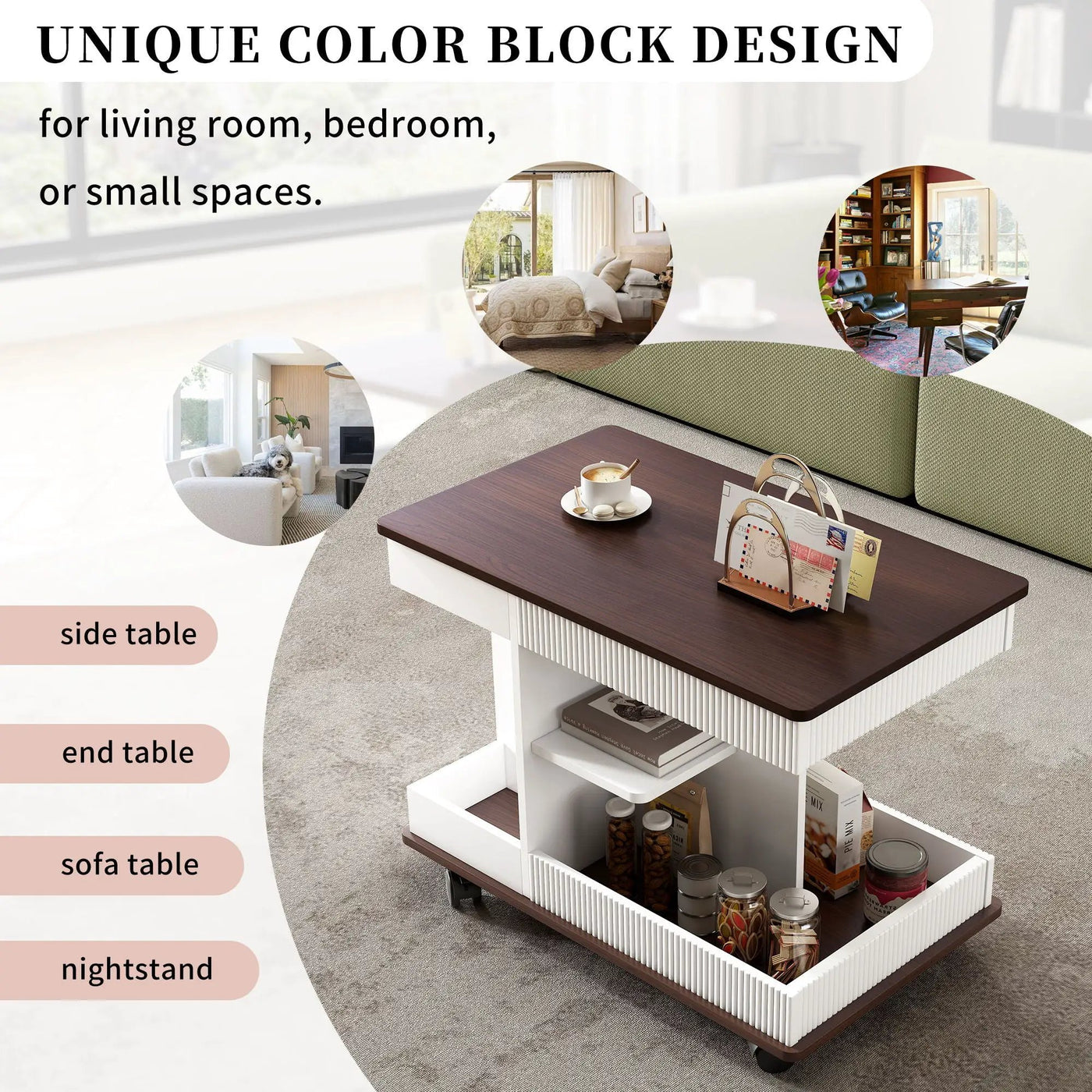 Adjustable End Table With Wheels, 360°Rotating Top And Storage Space by HouseOfZazla