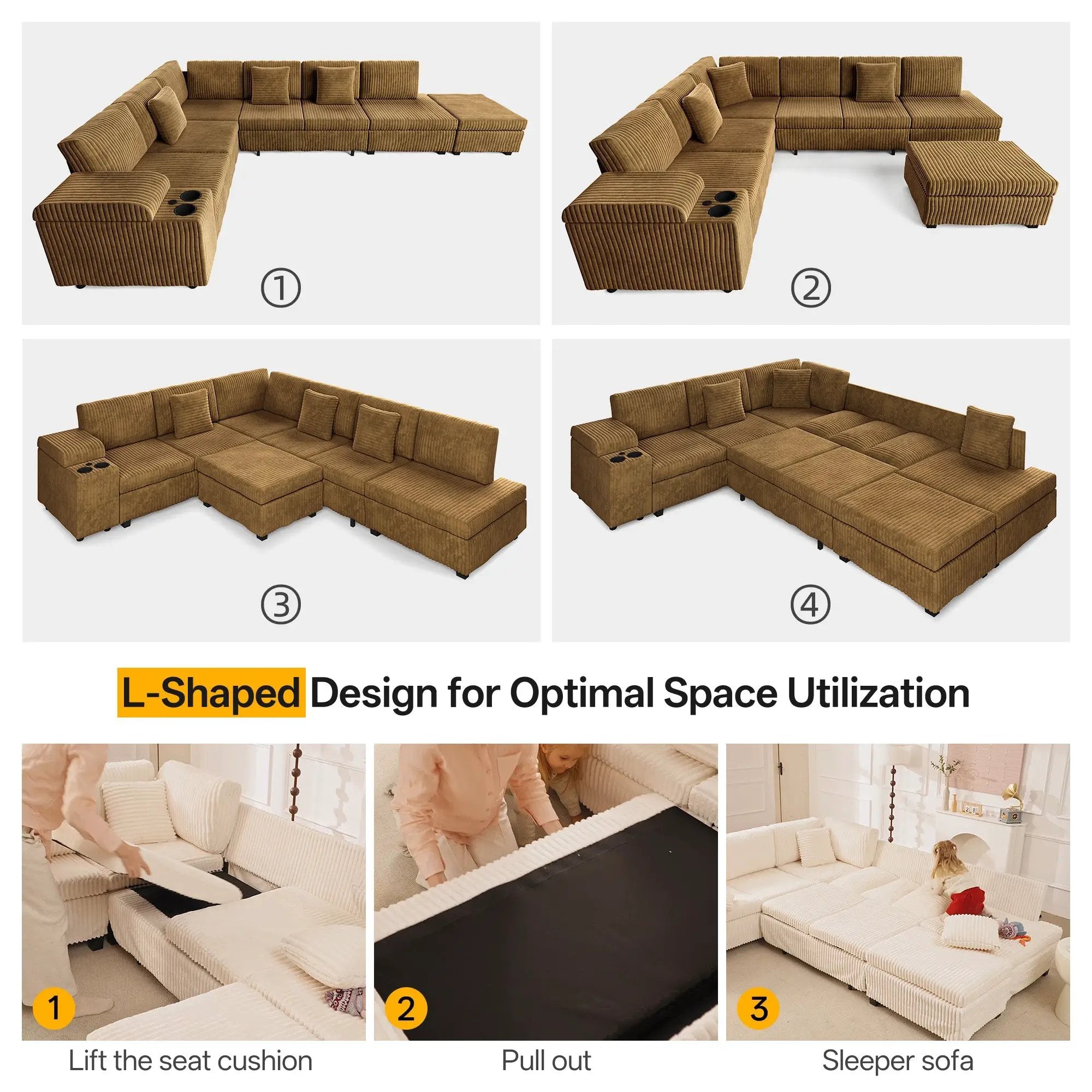 110.2" L-Shaped Sectional Sofa Set with Removable Ottoman in Camel by HouseOfZazla