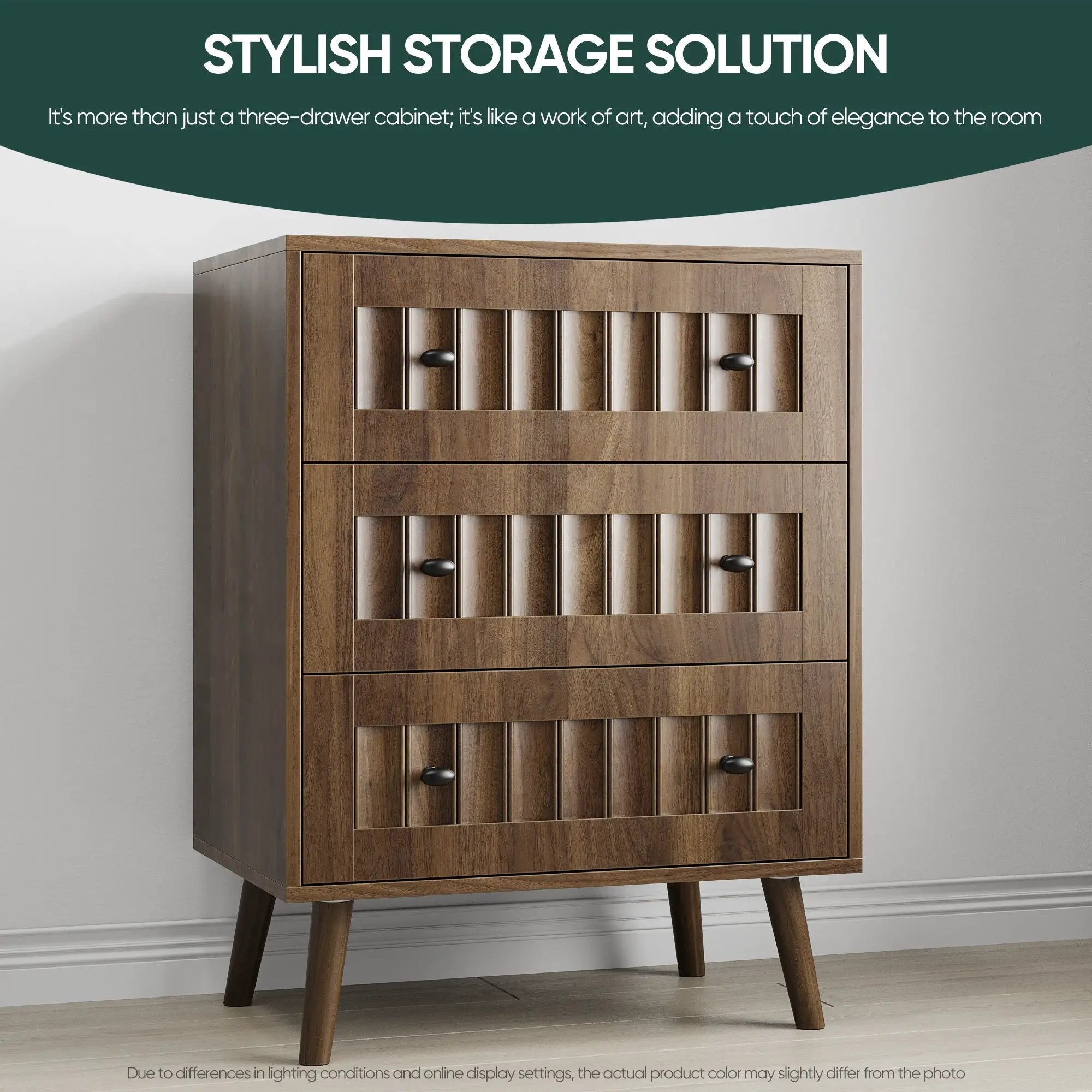 3 Drawer Dresser, Storage Cabinet With Vertical Grooves For Bedroom - Walnut by Unique Piece Furniture
