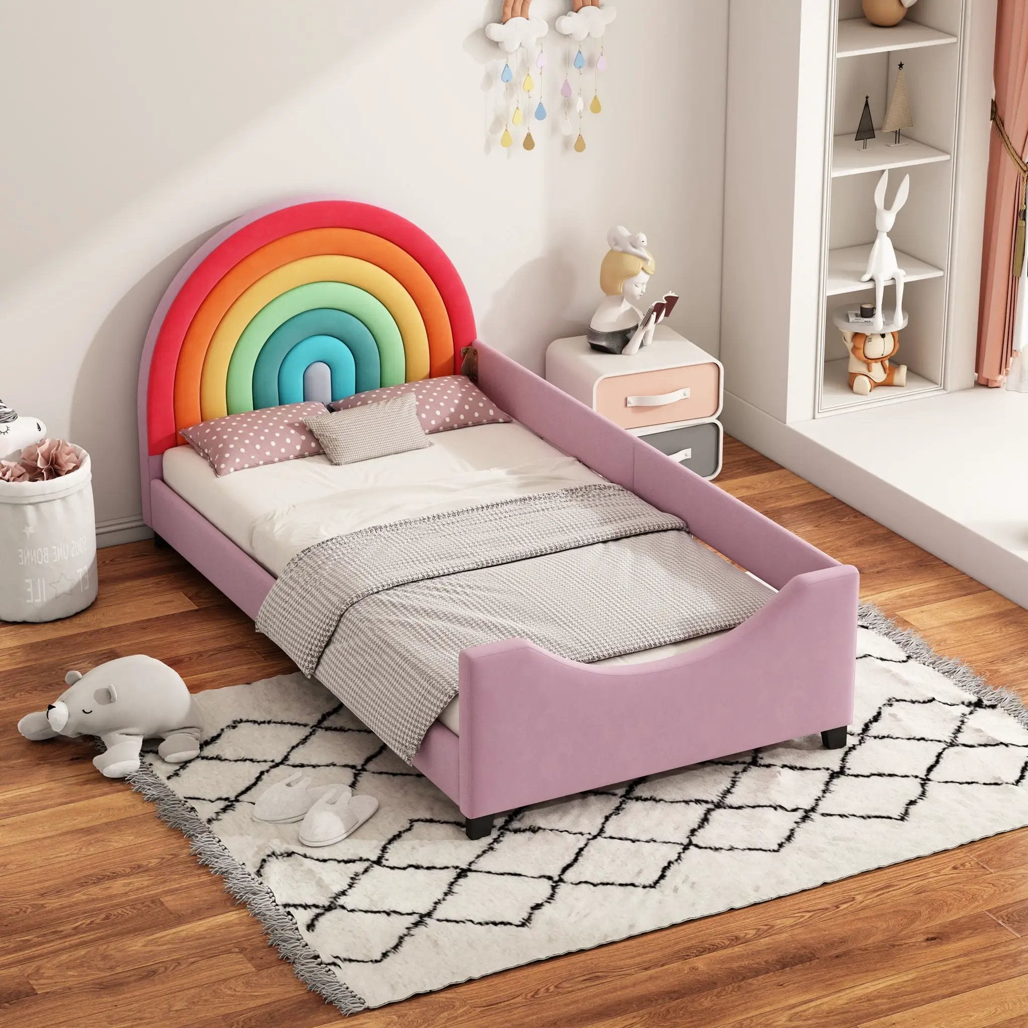 Rainbow Upholstered Twin Daybed Low To The Ground Design Cute Style Princess Bed - Colorful / Pink by HouseOfZazla