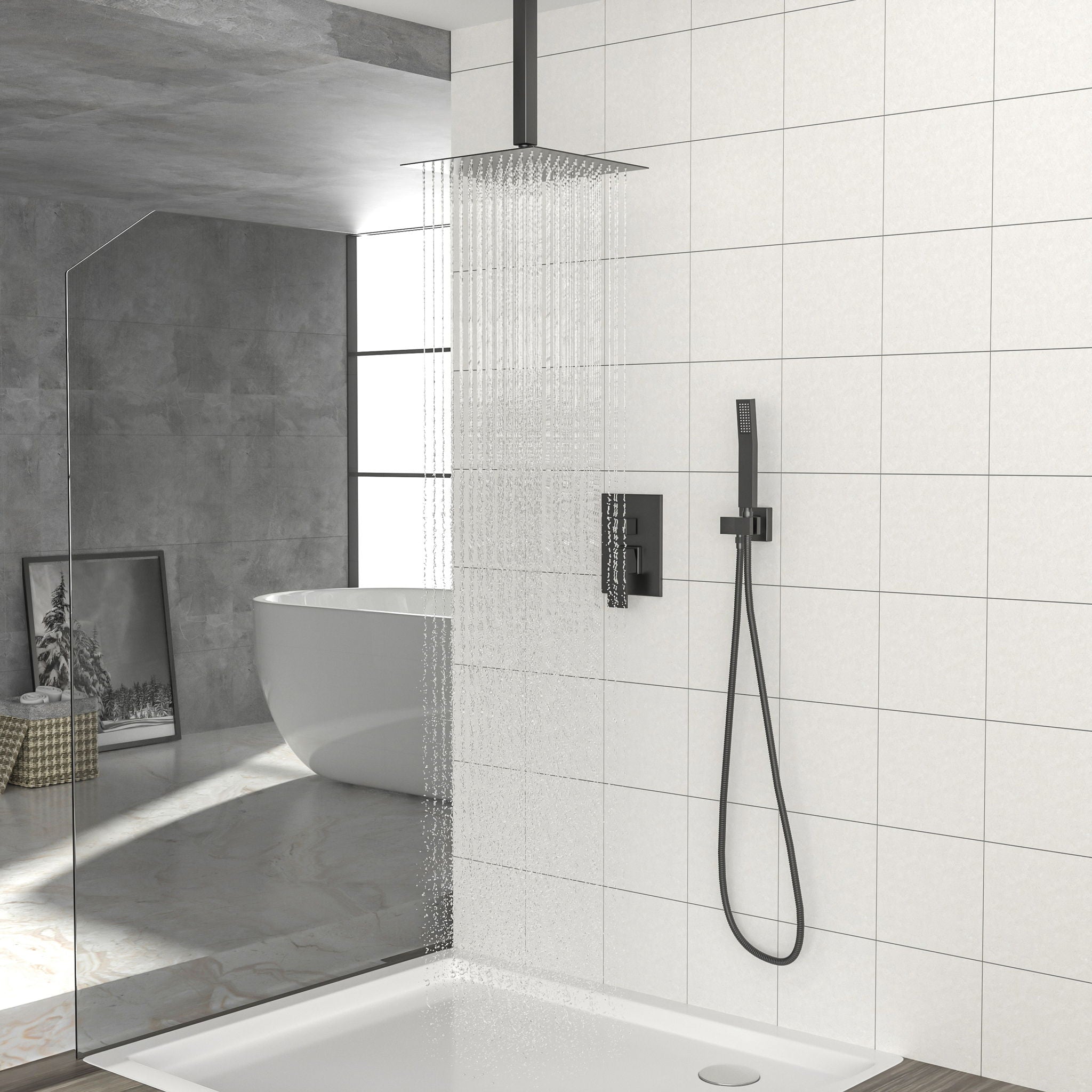 Dual Shower Head 10" Ceiling Mount Square Shower System With Rough In Valve - Matte Black by HouseOfZazla