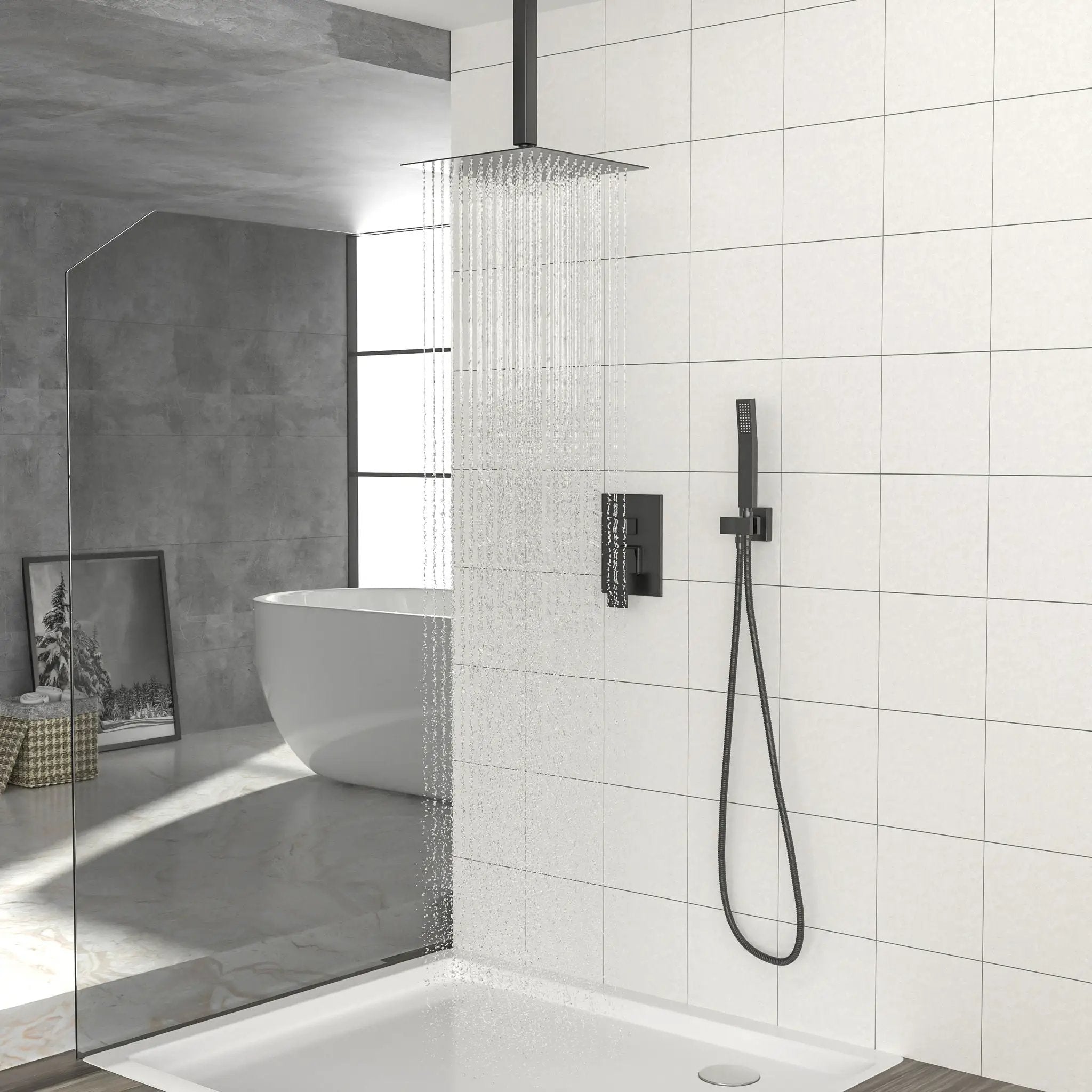 Modern Dual Shower Head System With 16" Ceiling Mount Finish, Stainless Steel And Brass by HouseOfZazla