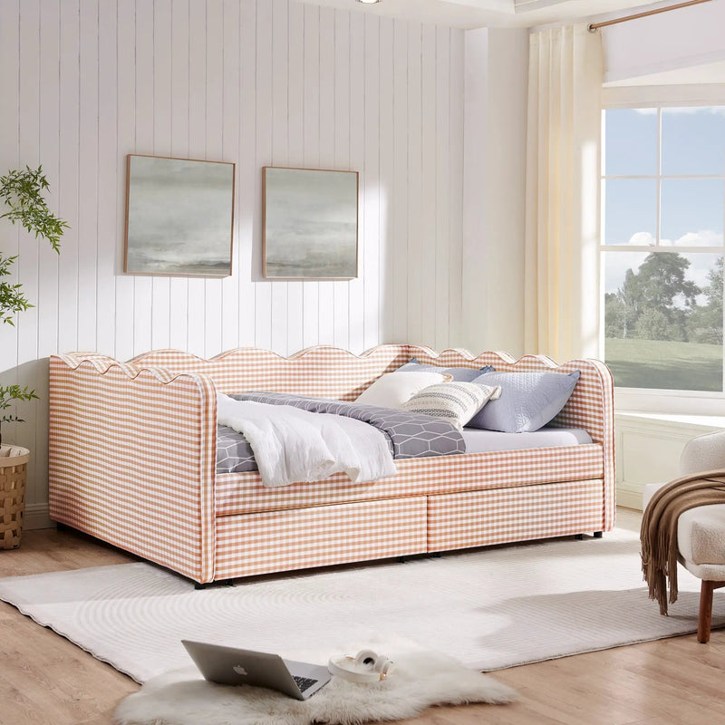 Queen Size Cozy Gingham Daybed with Two Storage Drawers and USB Port by HouseOfZazla