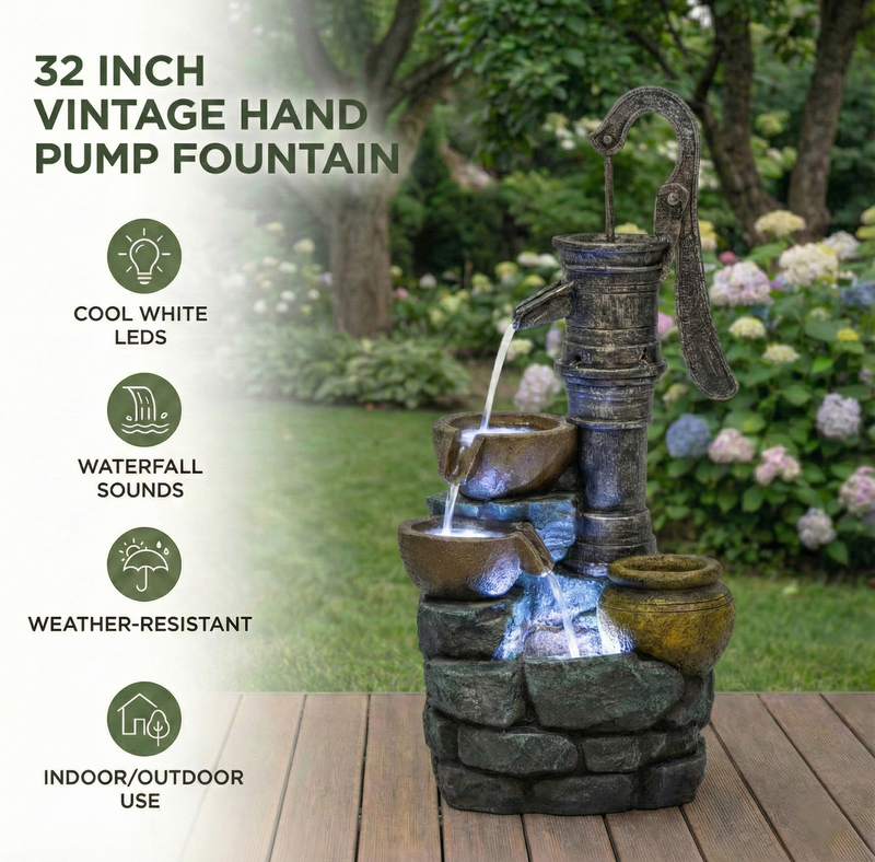 Resin Hand Pump Cascading Outdoor Fountain 32 Inch, photo 5 of 7