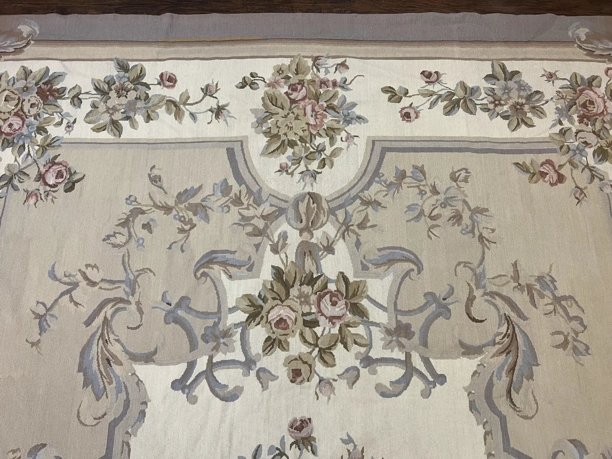 Aubusson Needlepoint Rug 9x12, VIntage Handmade Wool Beige Floral European Elegant Rug 9 x 12, Floral Roses by Jewel Rugs