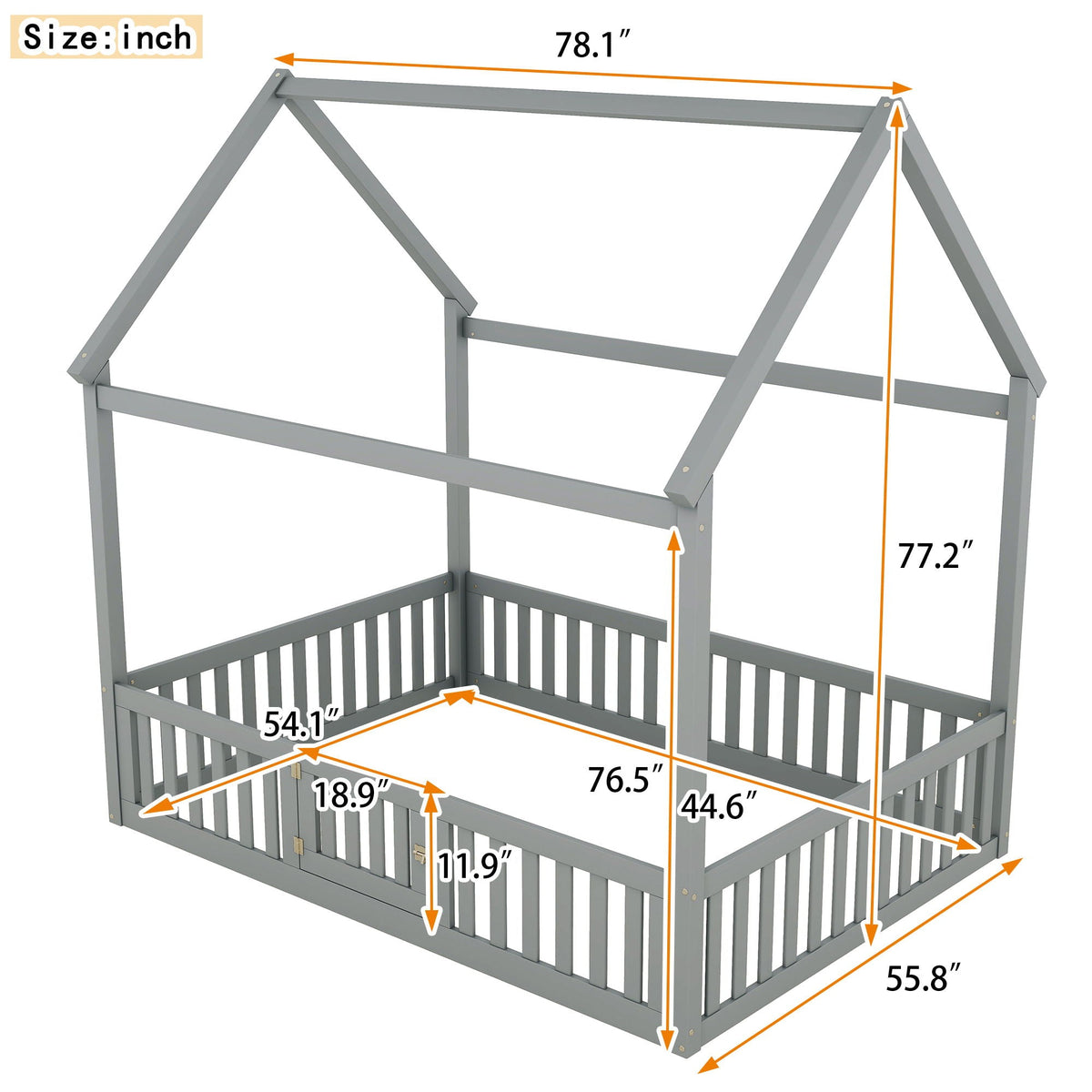 Wood House Platform Bed with Fence and Door - White or Dark Gray, photo 37 of 40