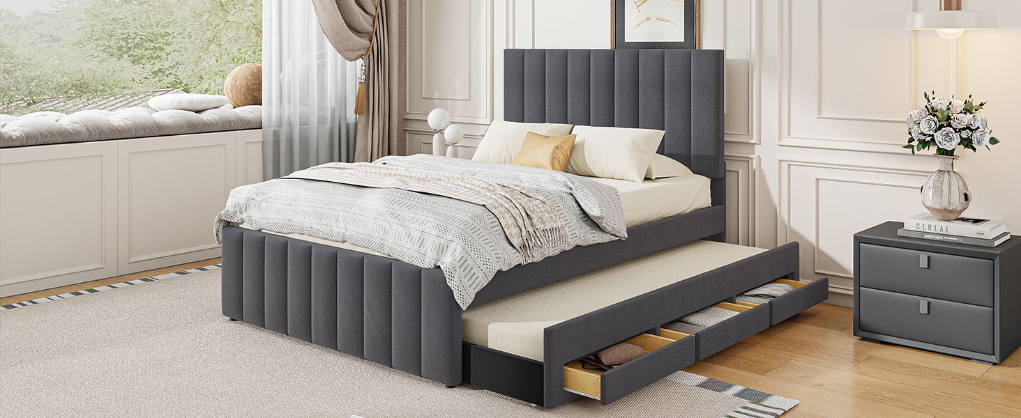 Upholstered Platform Bed With Twin Size Trundle And 3 Drawers by HouseOfZazla