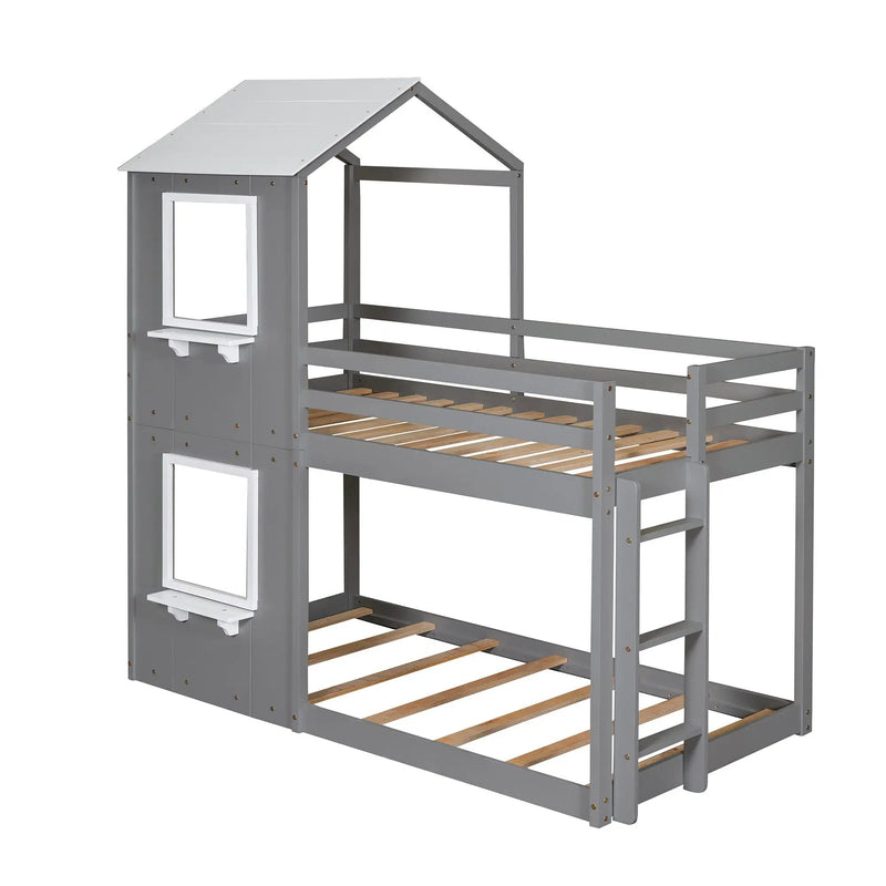 Bunk Bed Wood Bed & Roof, Window, Guardrail, Ladder by Unique Piece Furniture