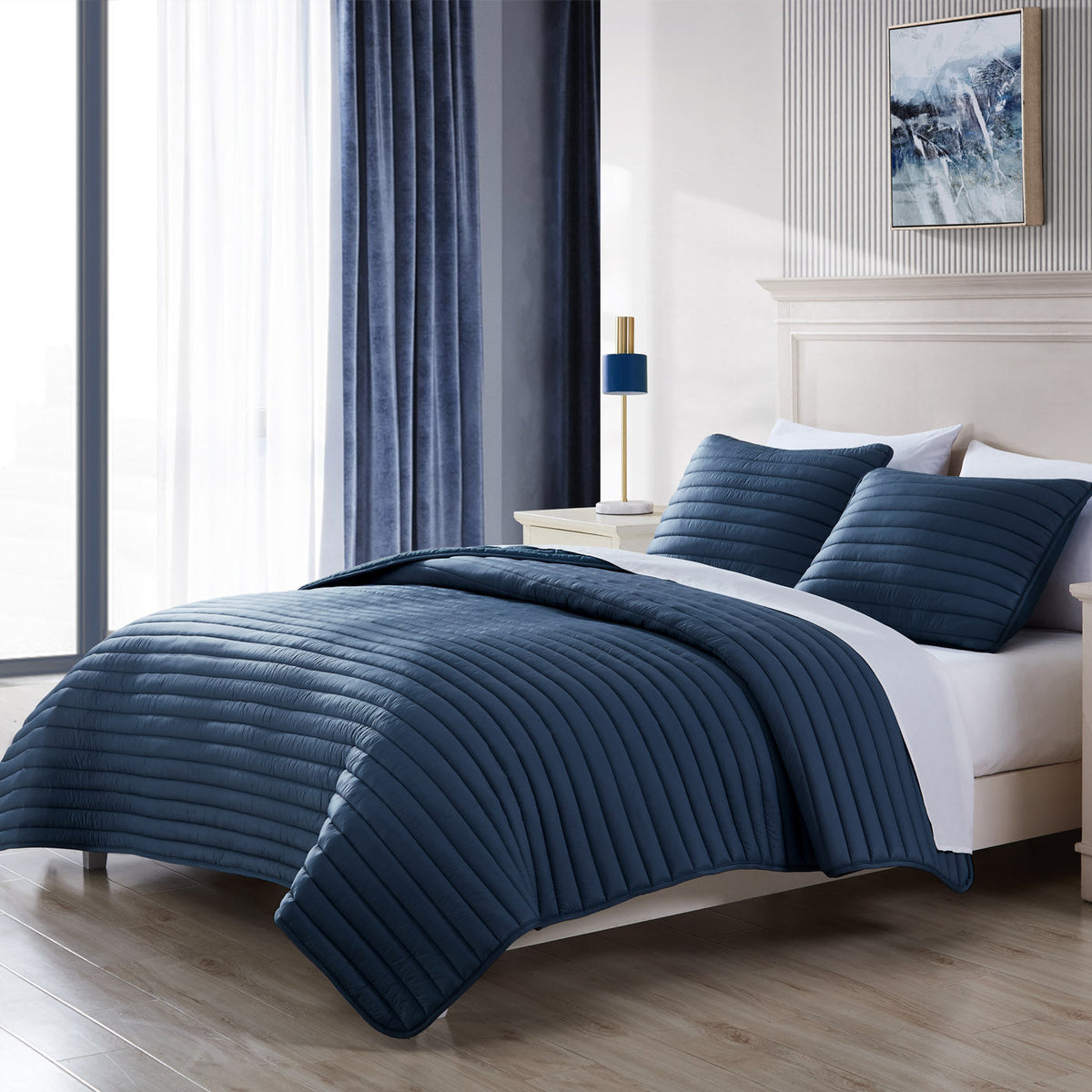 Puffer Quilted Comforter Set with Channel Detailing - Navy or Green