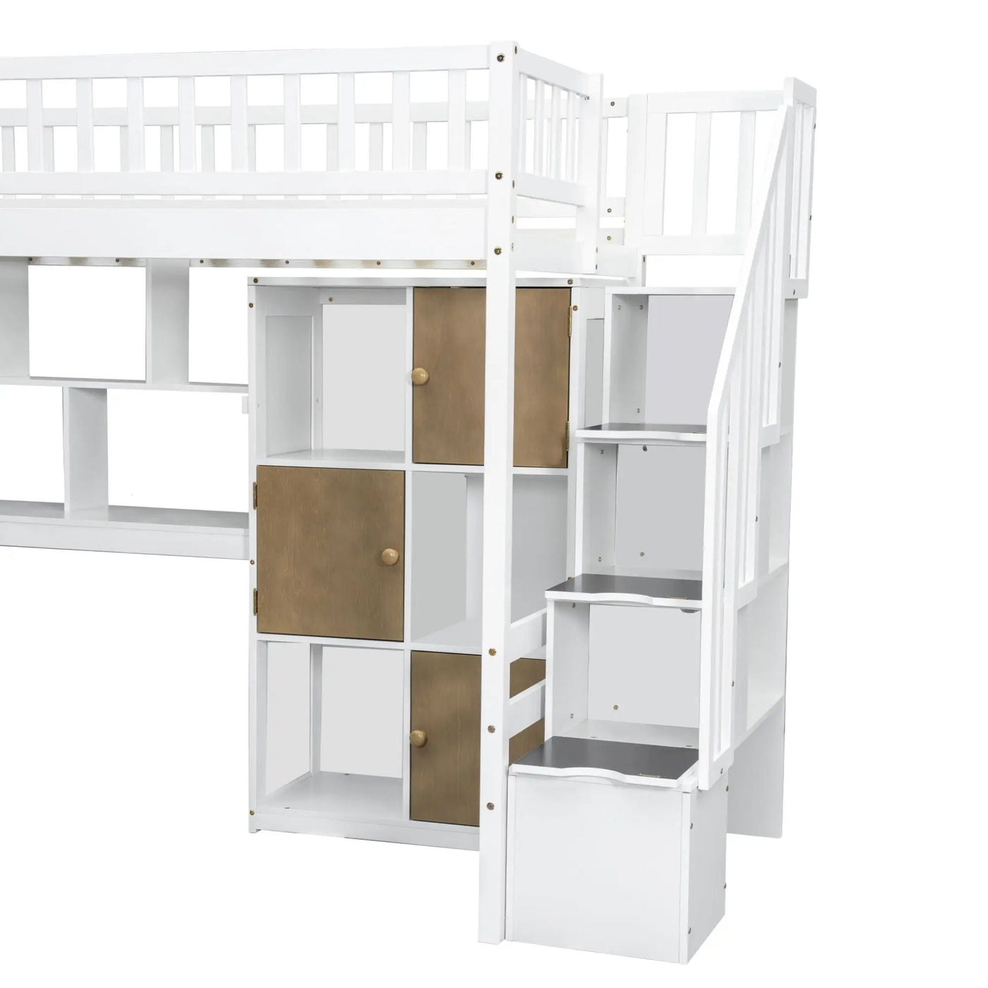 Loft Bed With Built In L Shaped Desk, LED Lights, Storage Shelves, Cabinets, And Staircase by HouseOfZazla