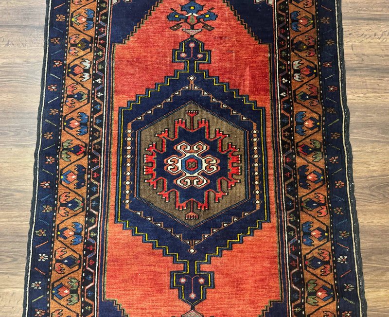 Persian Rug 3x6, Geometric Medallion, Village Tribal Rug, Terracotta and Navy Blue, Antique Nahavand Hamadan Rug by Jewel Rugs