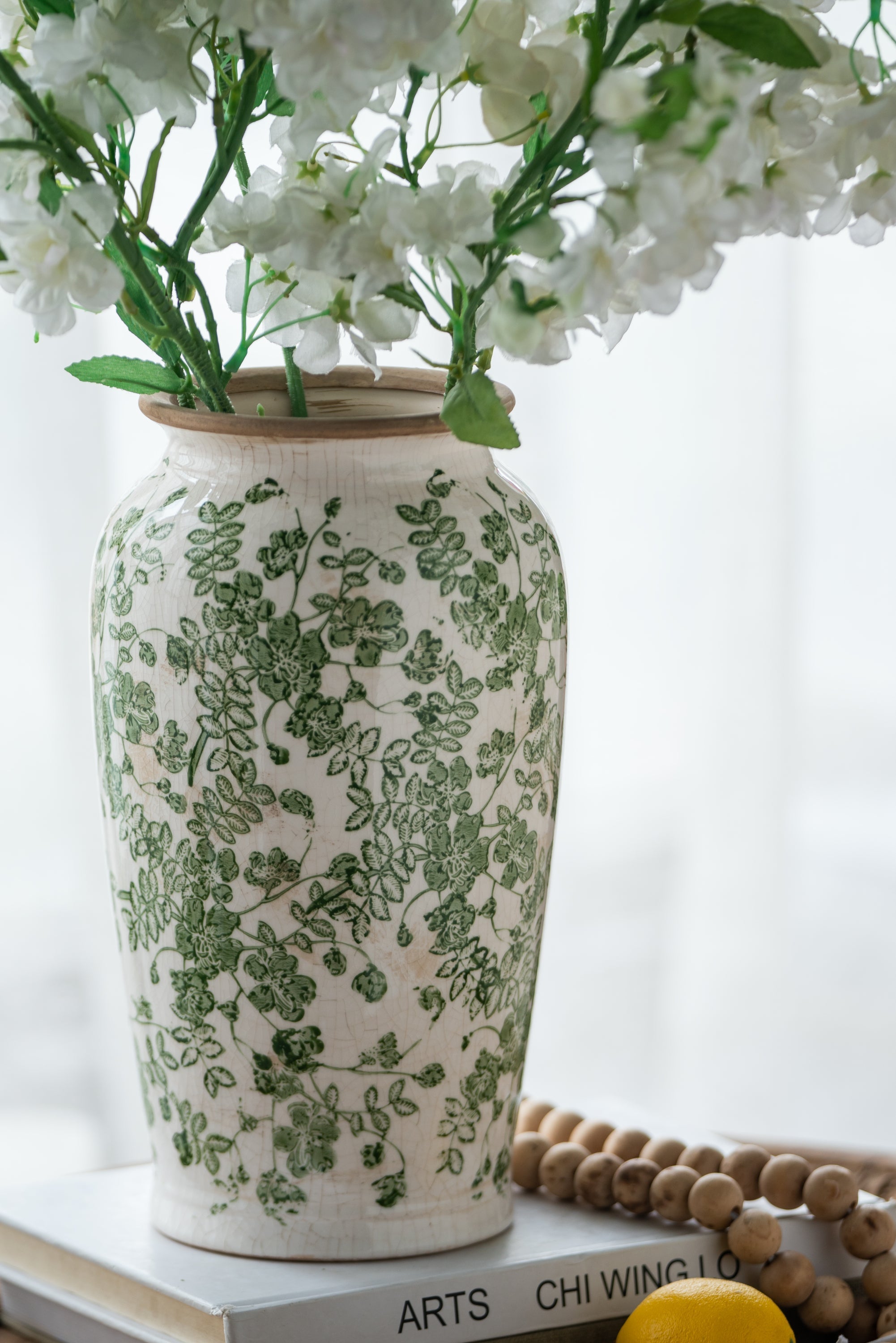 6.5x6.5x11.6 White Ceramic Flower Vase with Green Floral Pattern by HouseOfZazla