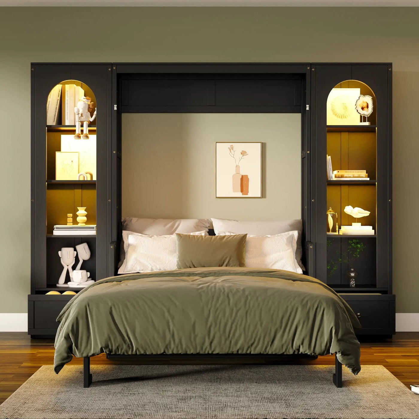 French Style Murphy Platform Bed With Shelf, Side Cabinets, Drawers And LED by HouseOfZazla