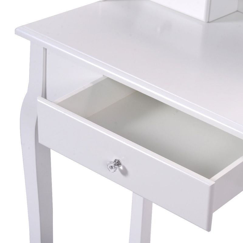Vanity Table Set with Cushioned Stool with 360¬∞ Rotating Oval Mirror and Three Drawers-White by DirectDeals