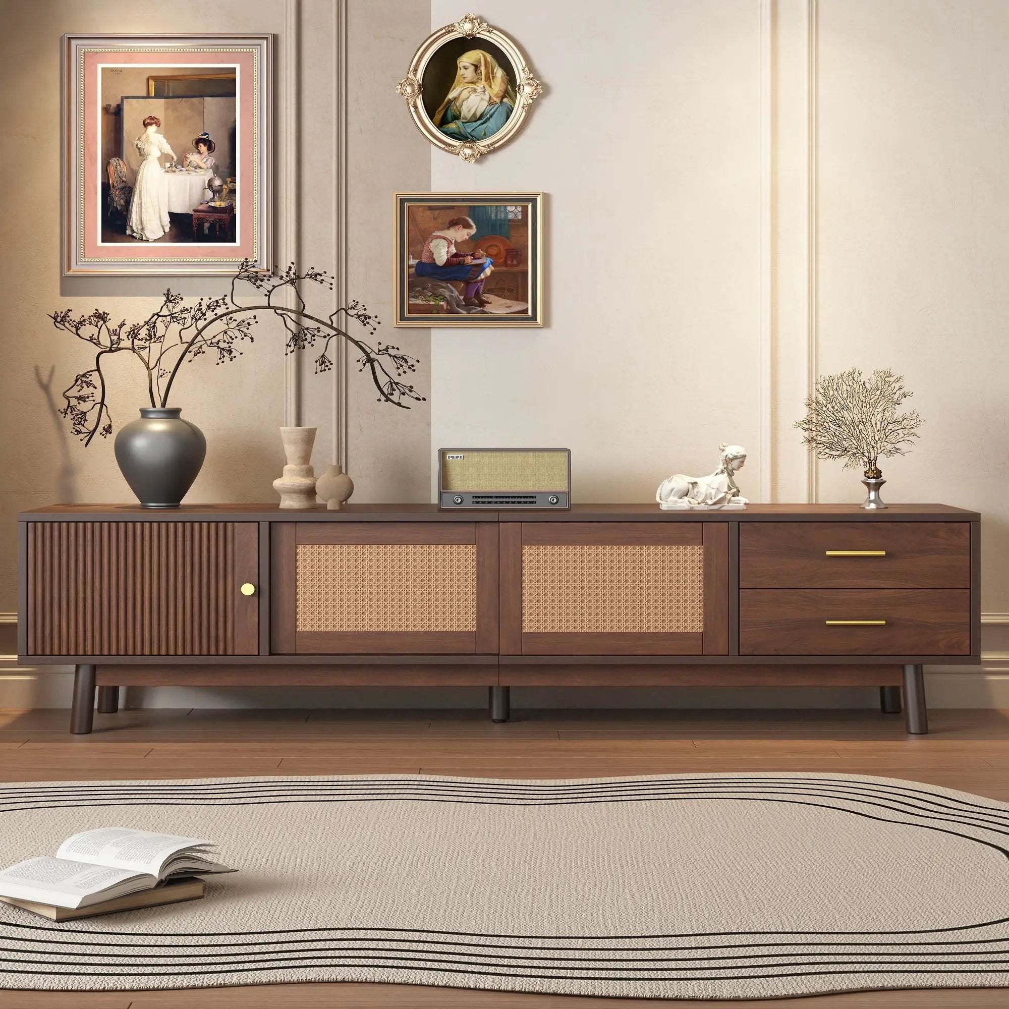 TV Stand For 80" TVs With Sliding Doors And Drawers, Accent Storage Unit - Dark Brown by Unique Piece Furniture