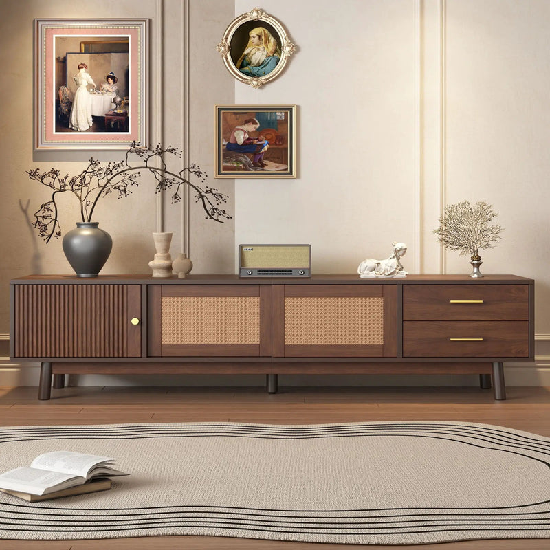 TV Stand For 80" TVs With Sliding Doors And Drawers, Accent Storage Unit - Dark Brown by HouseOfZazla