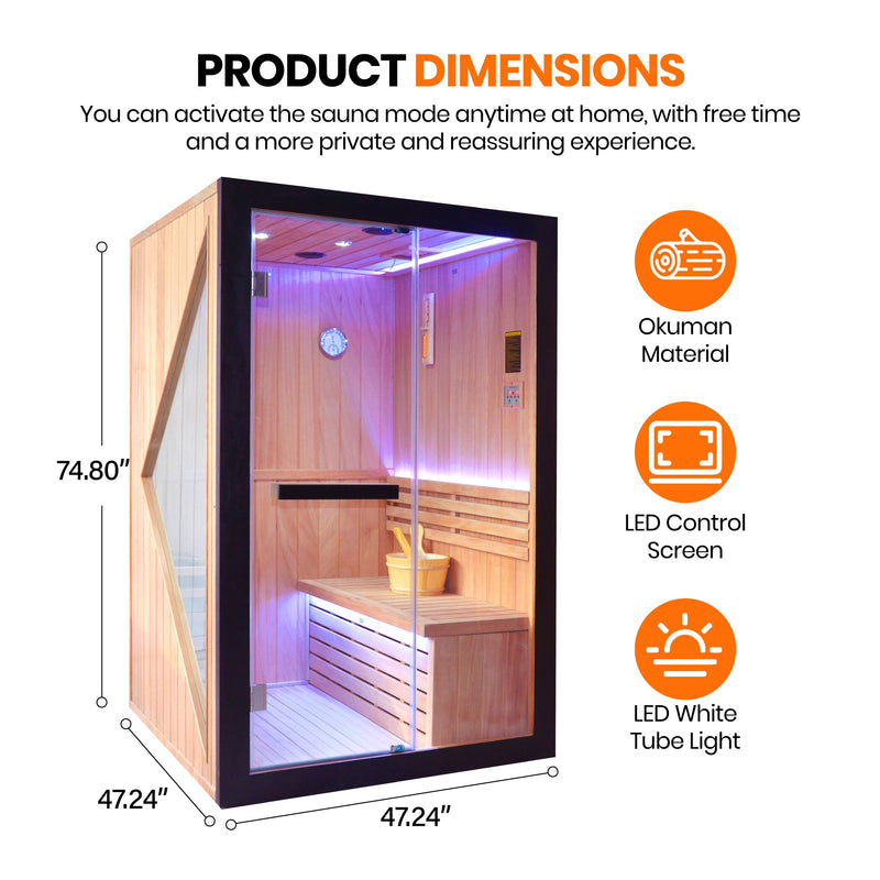 African Pine Indoor Sauna with Double Stove & LED Lighting - Natural Pine, photo 6 of 10