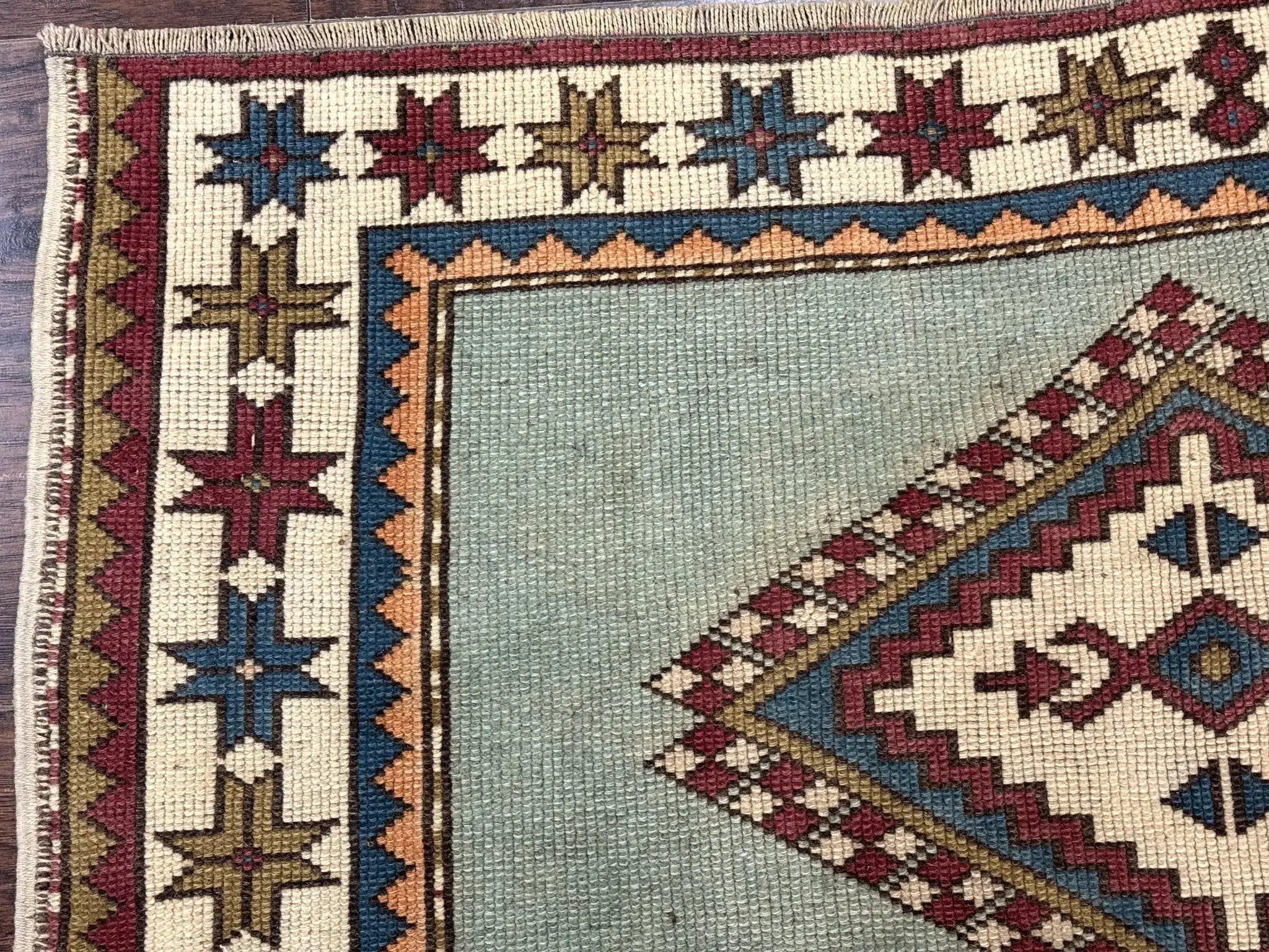 Turkish Kazak Rug 4x6, Geometric Medallion, Caucasian Design Rug, Semi Antique Vintage, Mint Green Maroon Ivory by Jewel Rugs