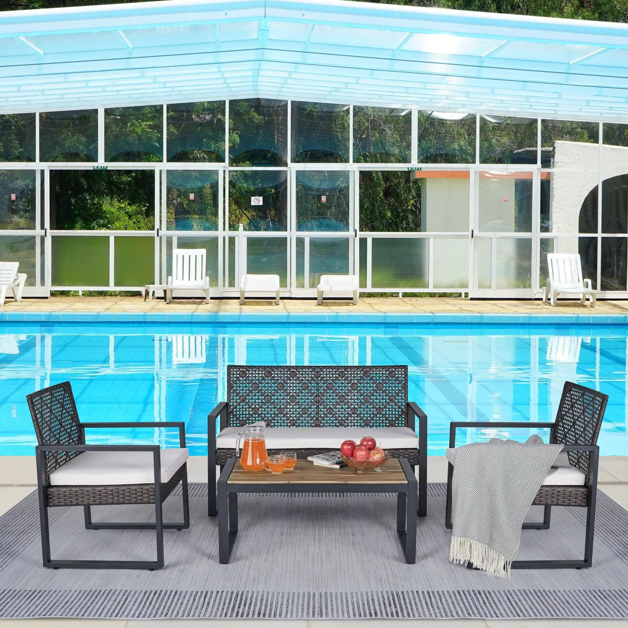 4 Piece Patio Furniture Set With Acacia Wood Table Top And Cushions by HouseOfZazla