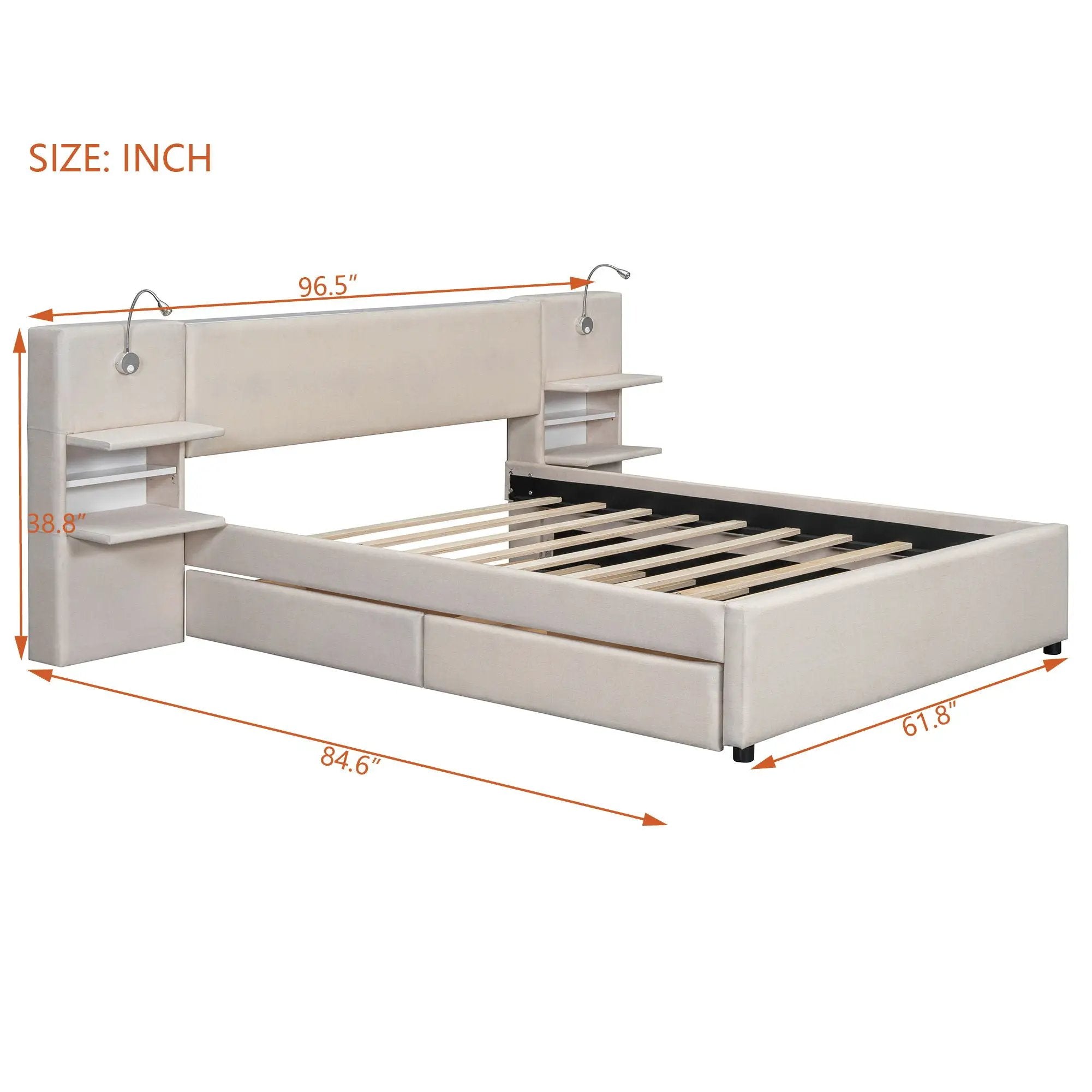 Upholstered Platform Bed With Reading Lights, Drawers, Trundle And Shelves by HouseOfZazla