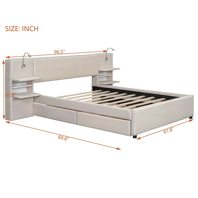 Upholstered Platform Bed With Reading Lights, Drawers, Trundle And Shelves by HouseOfZazla