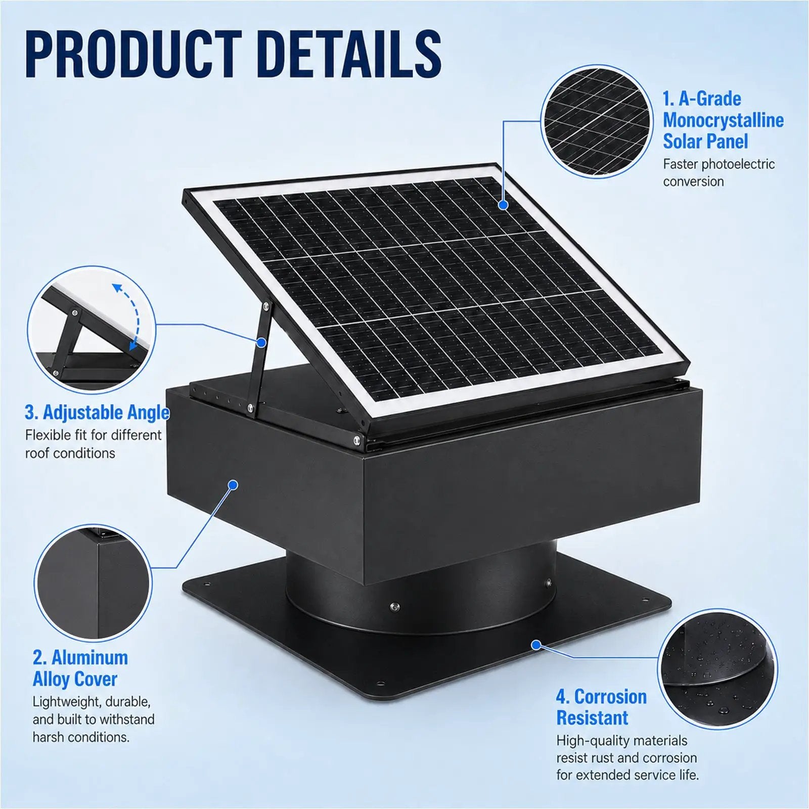 14" Adjustable Square Solar Roof Exhaust Fan, 60W Dual Power Attic Ventilator by HouseOfZazla