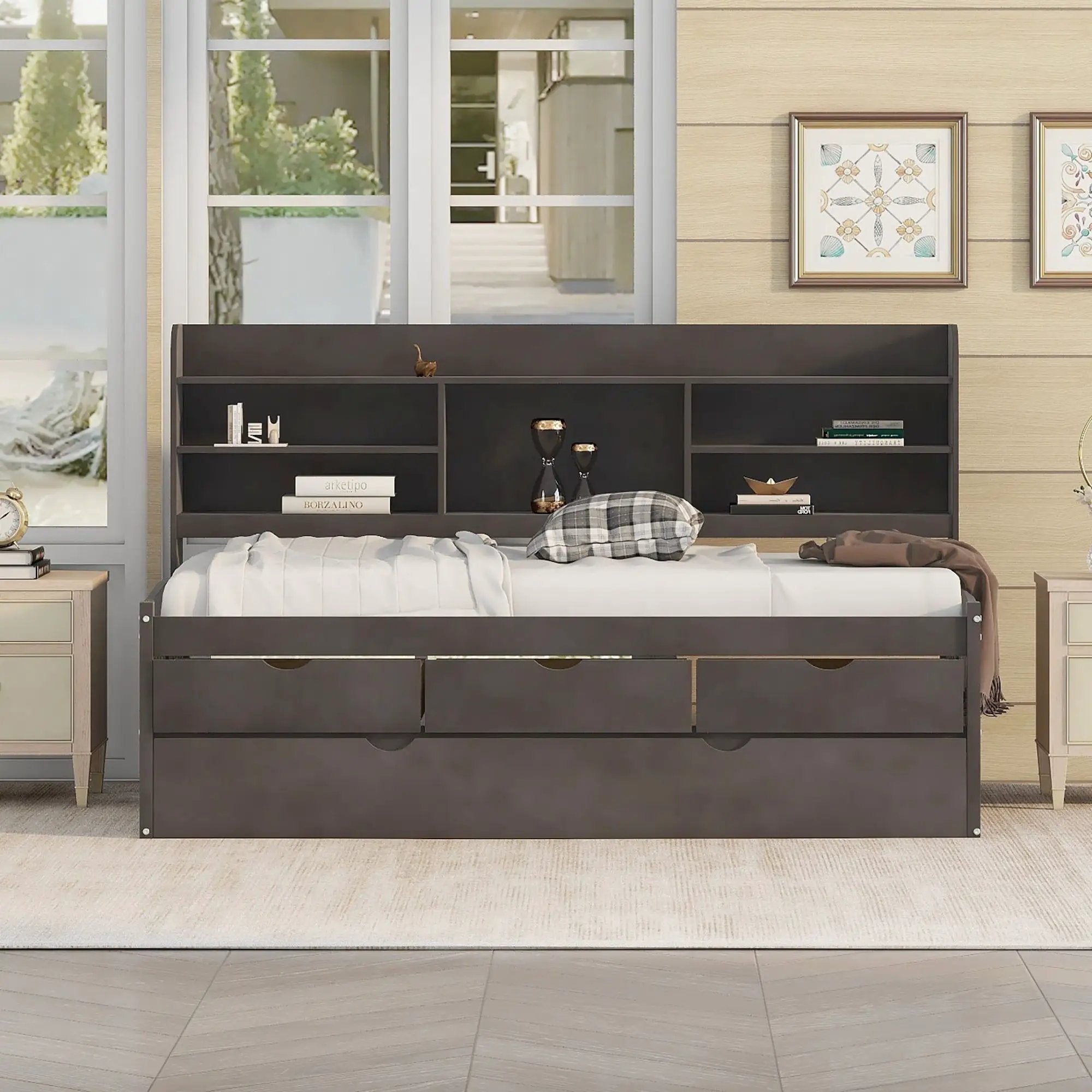 Captain Bed With Built In Bookshelves, 3 Storage Drawers, And Trundle by HouseOfZazla