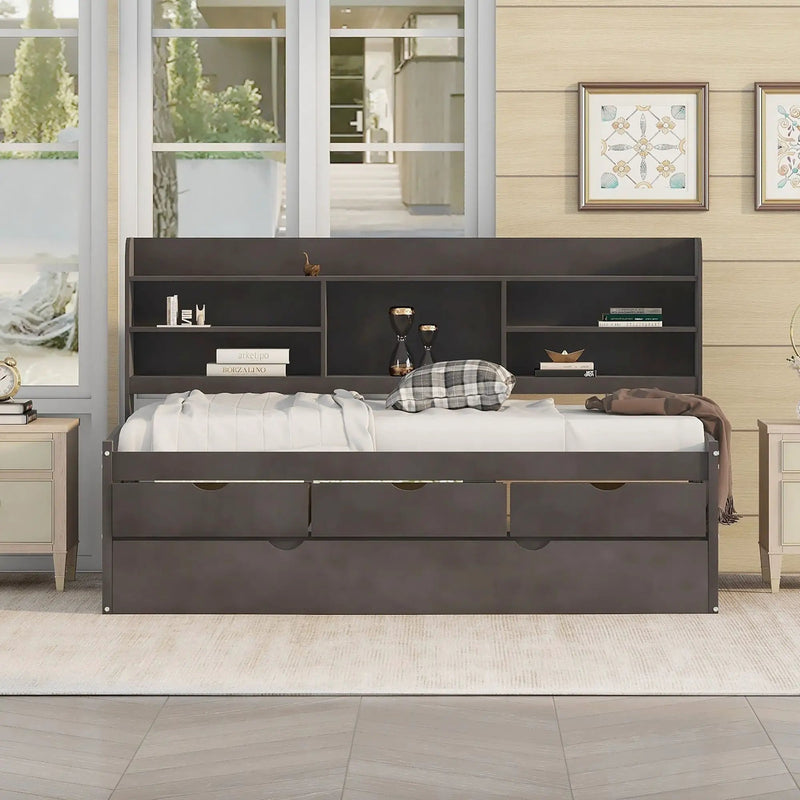 Captain Bed With Built In Bookshelves, 3 Storage Drawers, And Trundle by HouseOfZazla