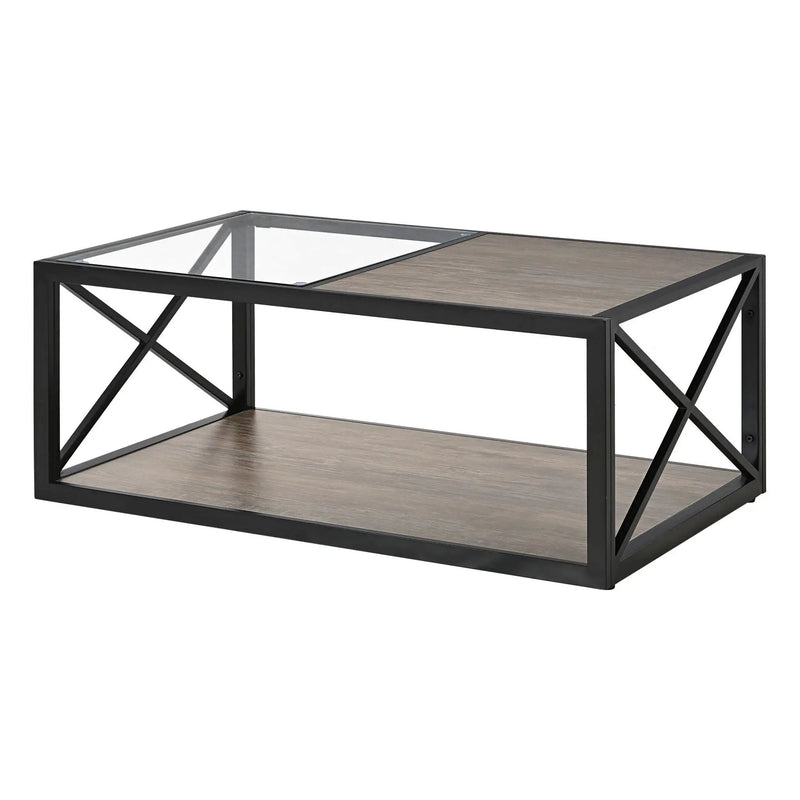 Industrial Style Coffee Table For Bedroom & Living Room With Tempered Glass & Wood Grain - Wood by HouseOfZazla
