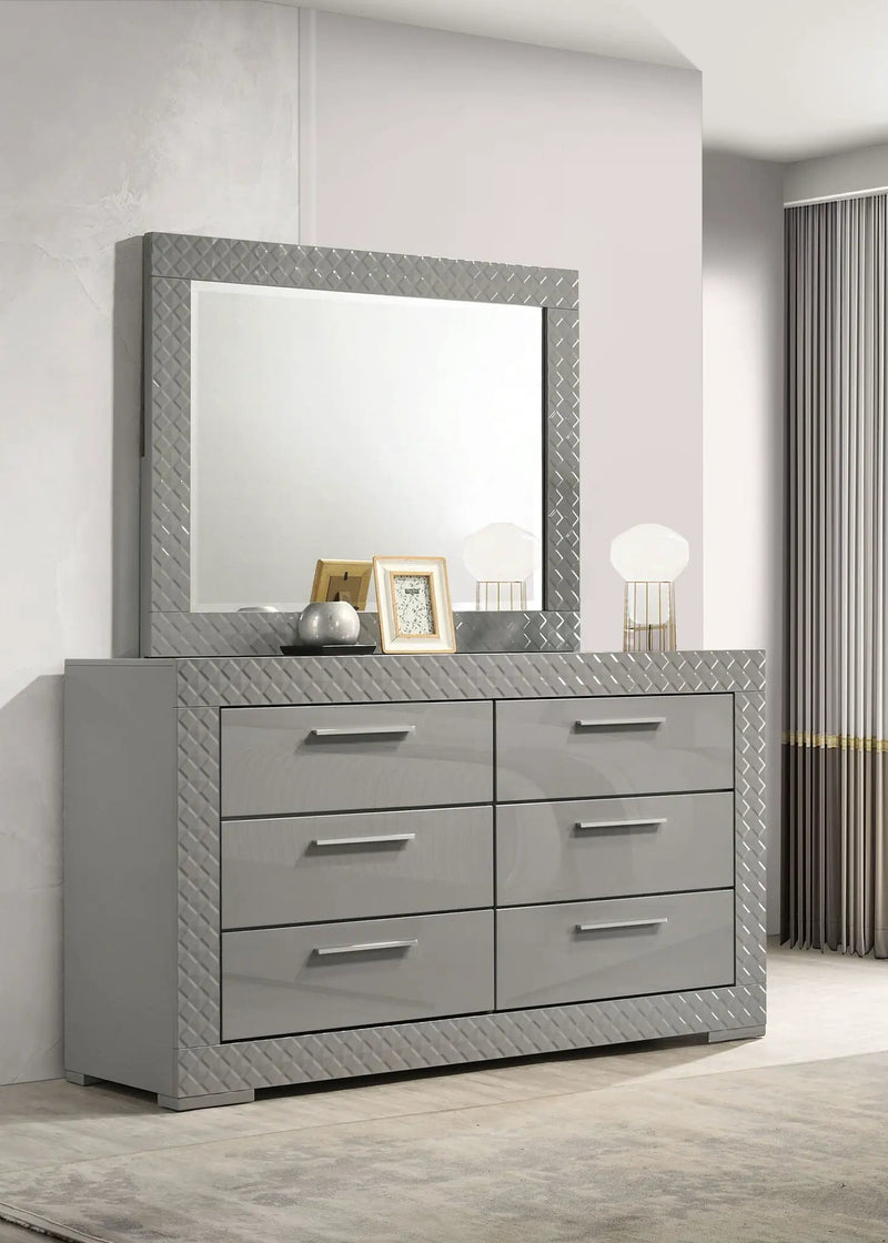 Ives 6-drawer Dresser and Mirror Grey High Gloss by Unique Piece Furniture