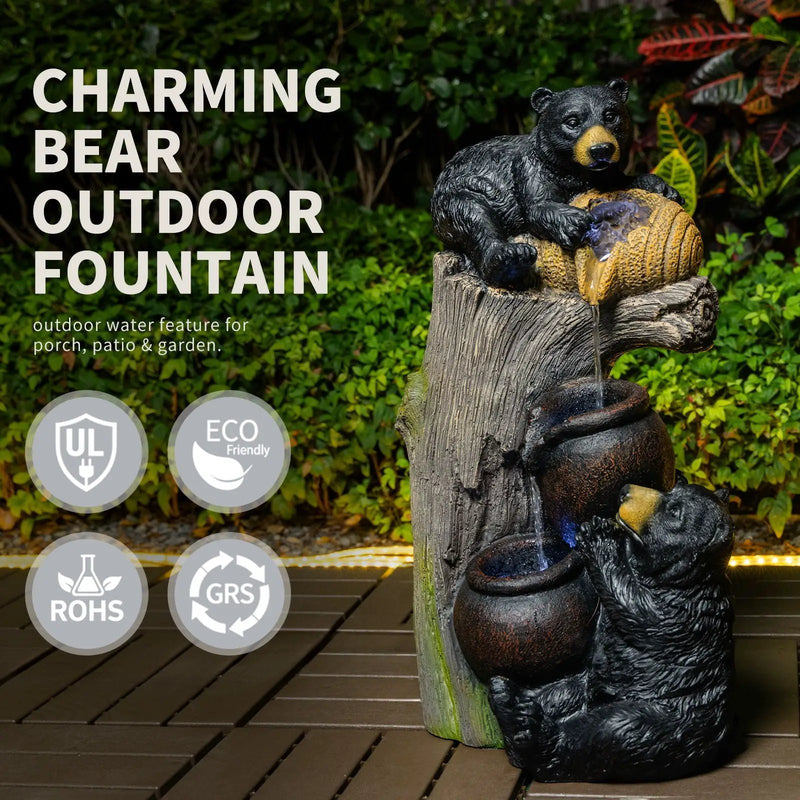 Bear Tree Stump Outdoor Water Fountain With LED Lights - Brown Gray by Unique Piece Furniture