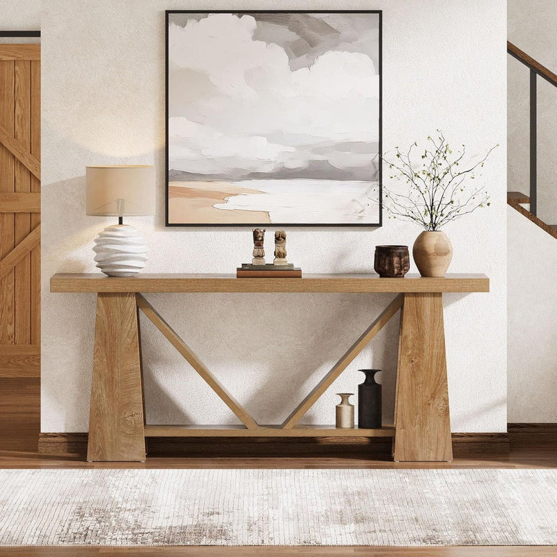 Slim 2 Tier Entryway Accent Extra Long Console Table For Living Room - Natural / Light Brown by HouseOfZazla