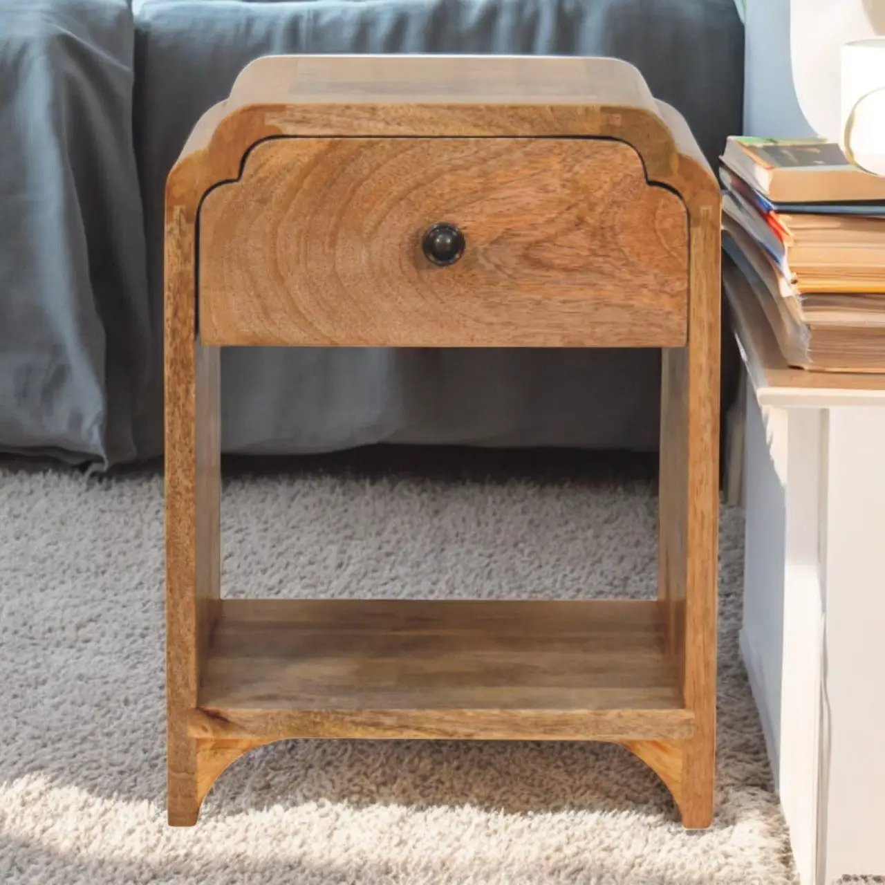 Newton Mini Oak-ish Nightstand with a Drawer and Open Shelf by HouseOfZazla