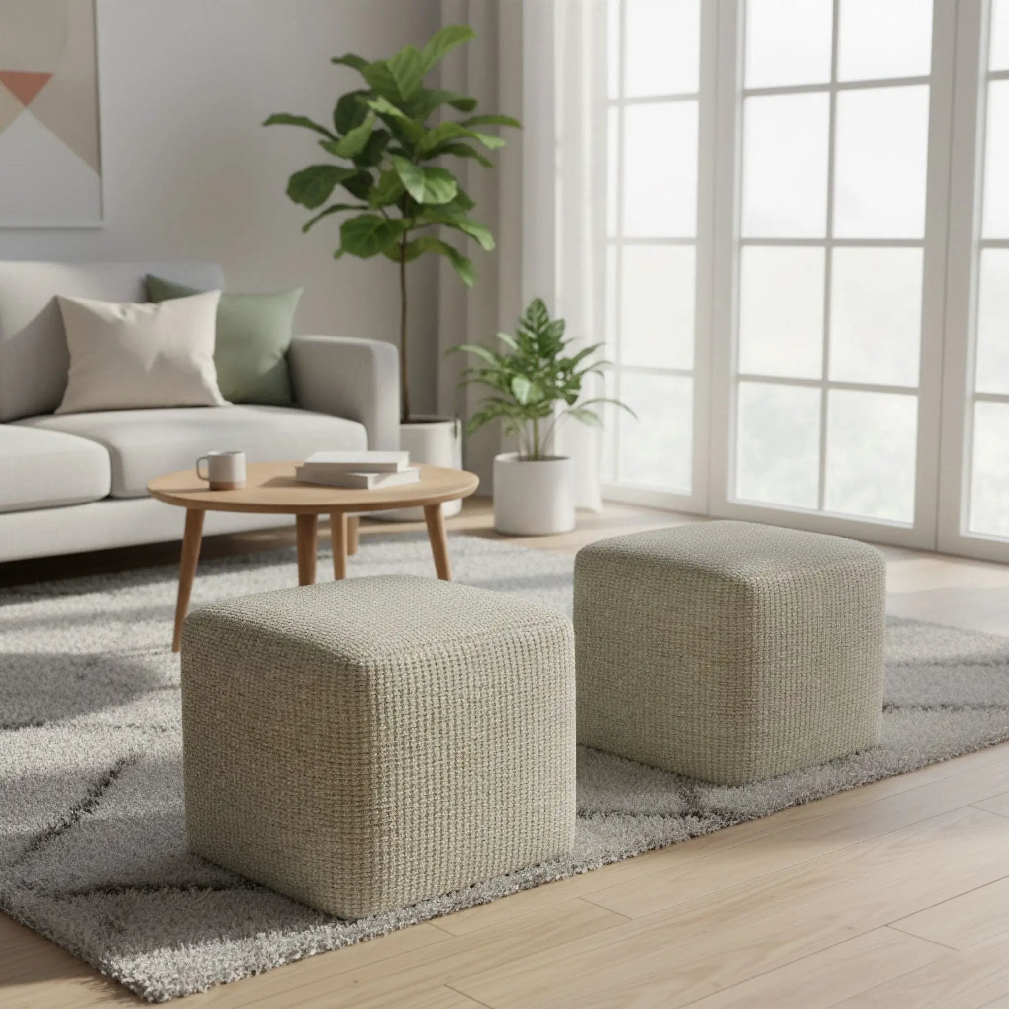 Zelma - Square Woven Outdoor / Indoor Pouf - Cream / Natural by HouseOfZazla