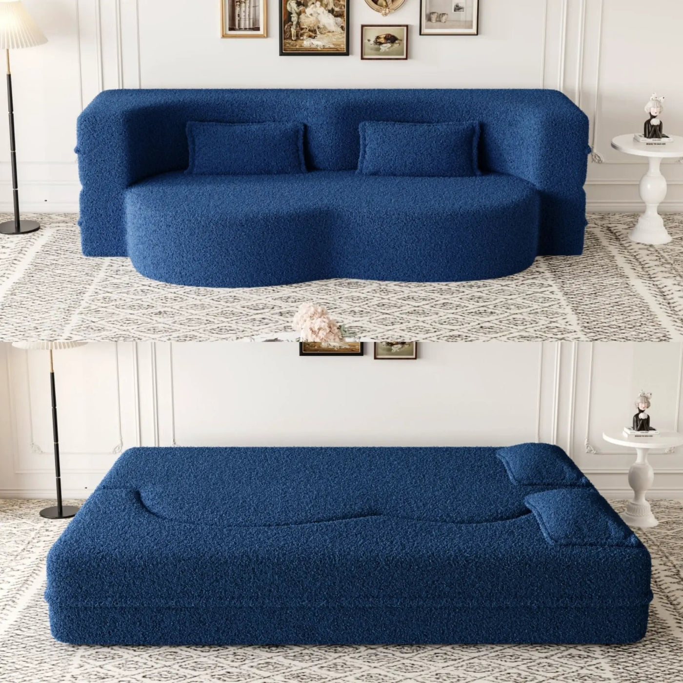 Modern Floor Sofa With Two Pillows Convertible Teddy Fabric Foam Filled Bed by HouseOfZazla