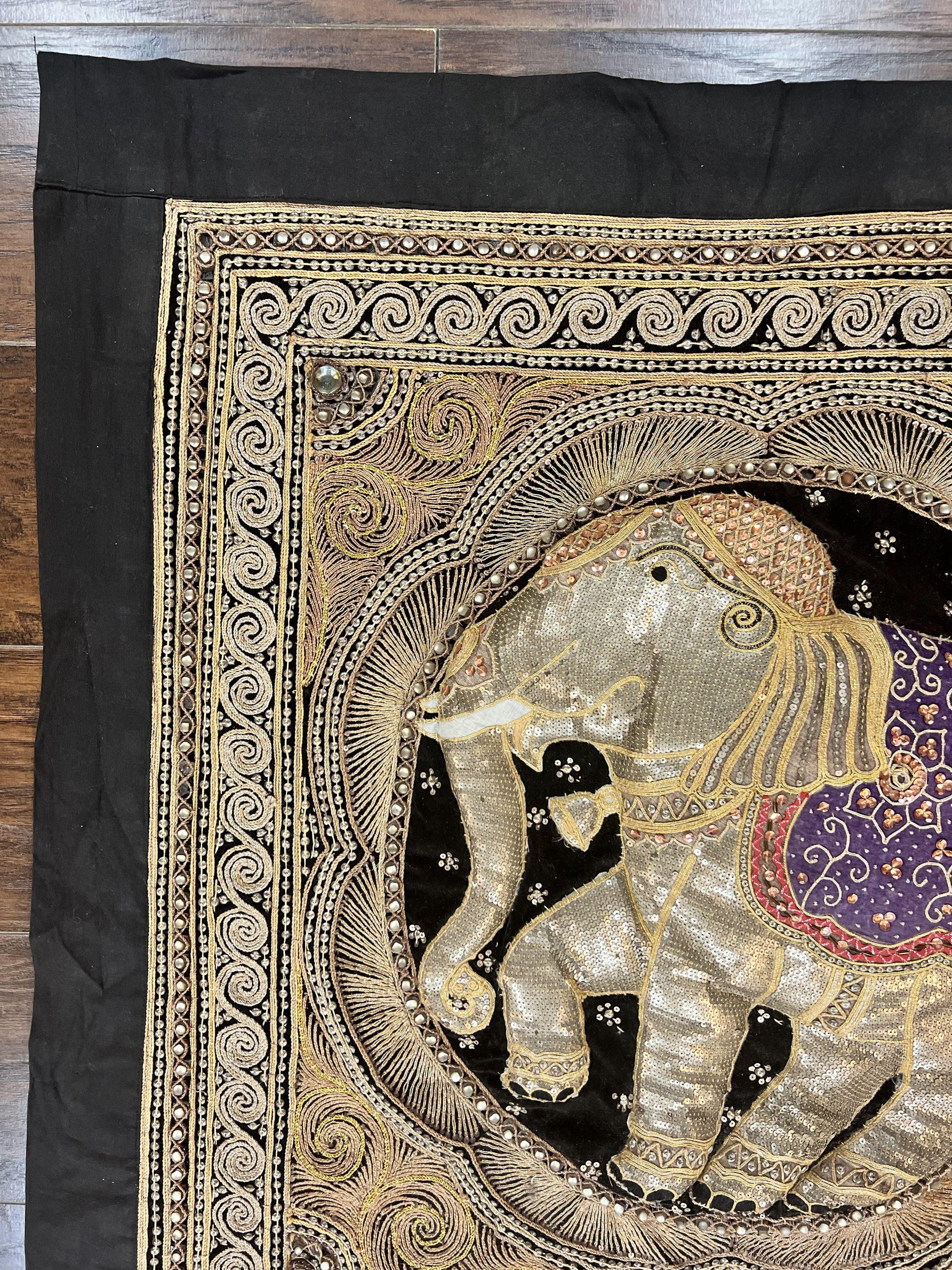 Indian Embroidery 3x3, Elephant Design, Detailed Needlepoint, Beadwork by Jewel Rugs