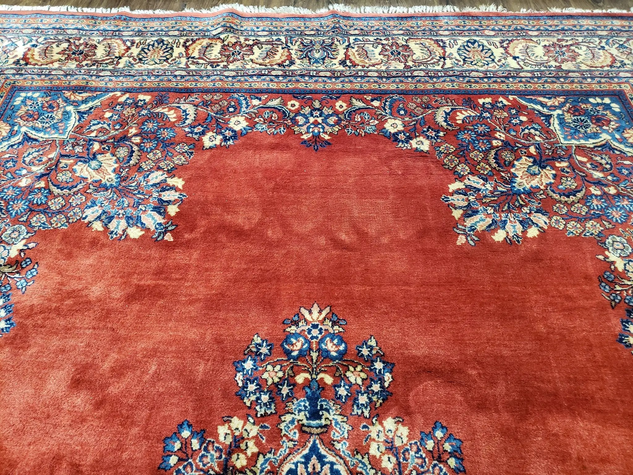 Semi Antique Persian Sarouk Rug 9x12, Semi Open Field with Central Medallion, Hand Knotted Wool, Tomato Red, 9 x 12 Authentic Oriental Carpet by Jewel Rugs