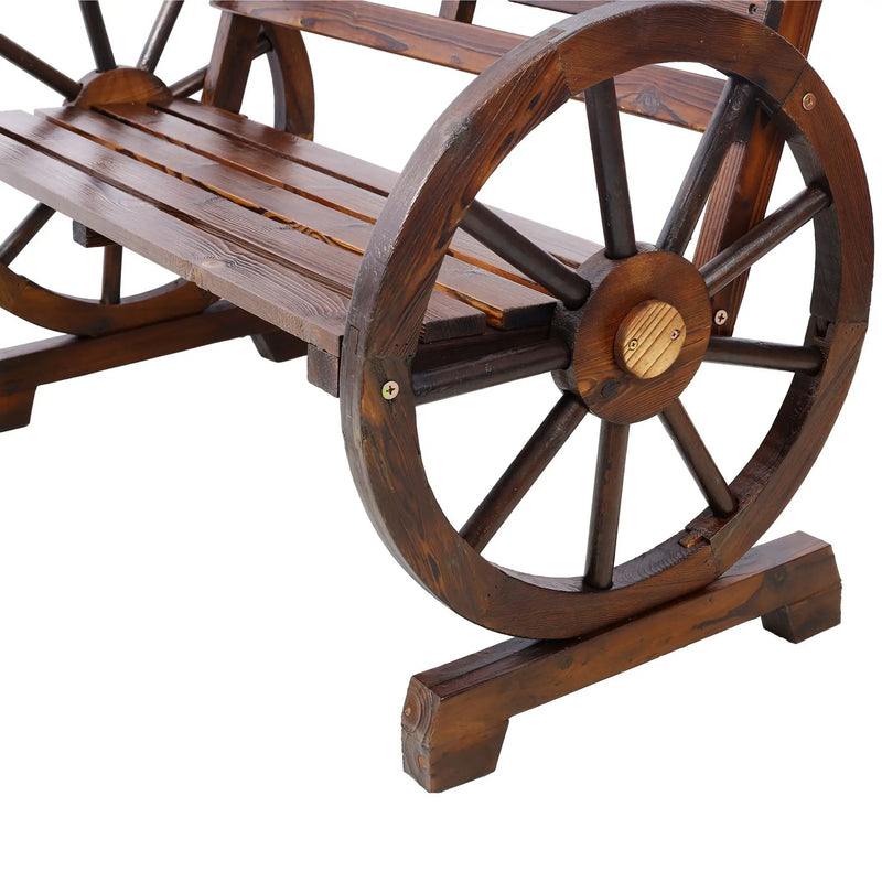 Rustic Country 2 Person Wooden Wagon Wheel Bench With Slatted Seat And Backrest - Brown by HouseOfZazla