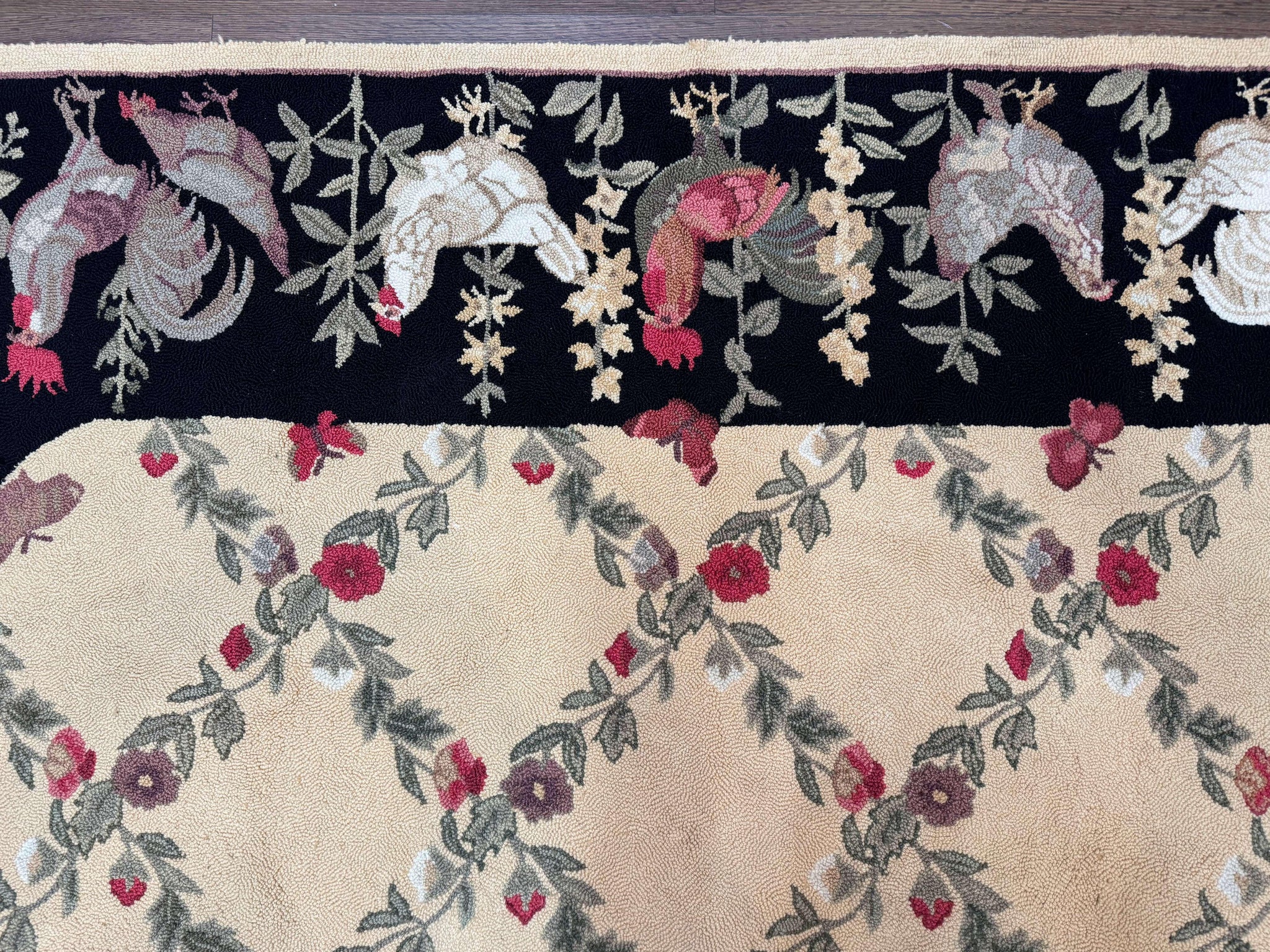 Vintage Hooked Rug 7x9, Rosters in Border, Roses and Butterflies by Jewel Rugs