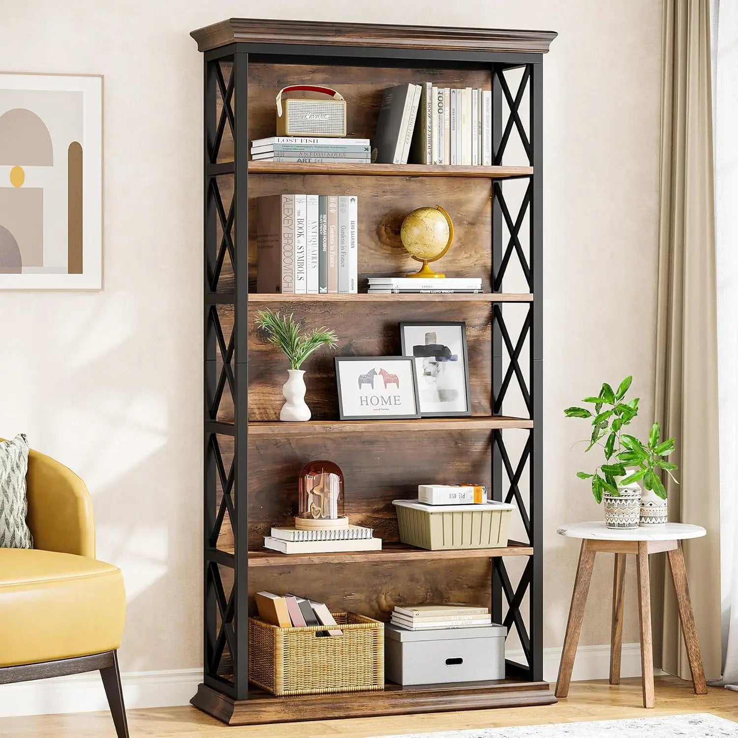 6 Tier Industrial Brown & Bookshelf With X Pattern Design - Rustic Brown by HouseOfZazla