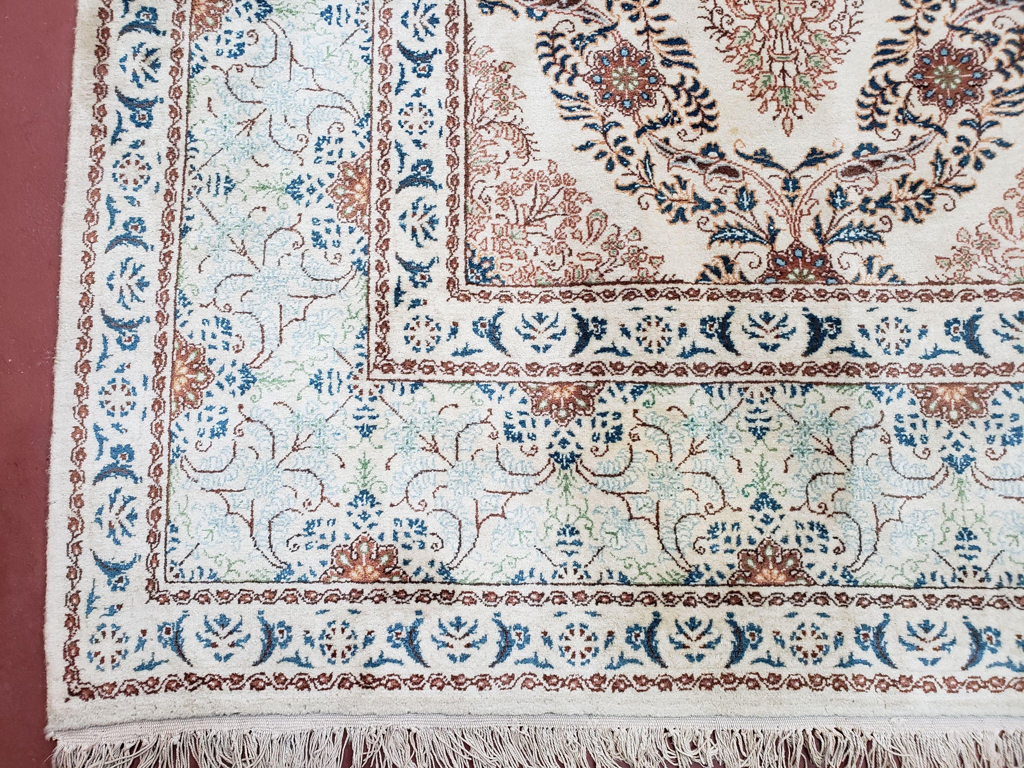 Fine Antique Persian Light Colored Kashan Carpet, 7x12, Top Quality, Rare, Ivory & Blues, Hand-Knotted, Wool by Jewel Rugs