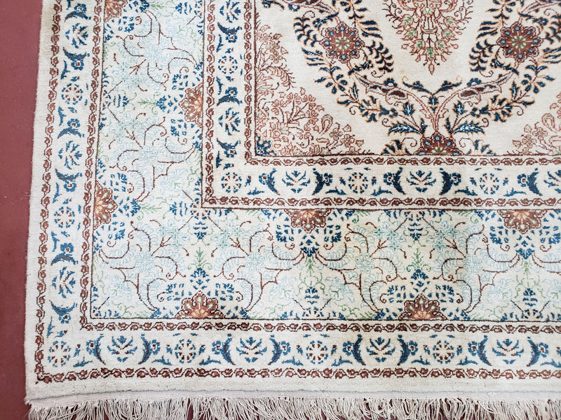 Fine Antique Persian Light Colored Kashan Carpet, 7x12, Top Quality, Rare, Ivory & Blues, Hand-Knotted, Wool by Jewel Rugs
