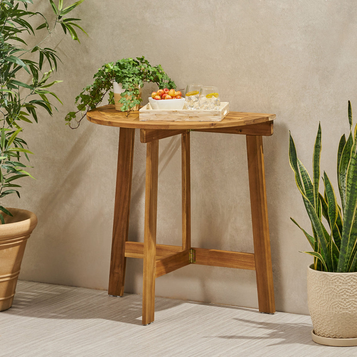 Acacia Wood Outdoor Half-Round Folding Bistro Table with Folding Design - Grey or Natural, photo 2 of 10