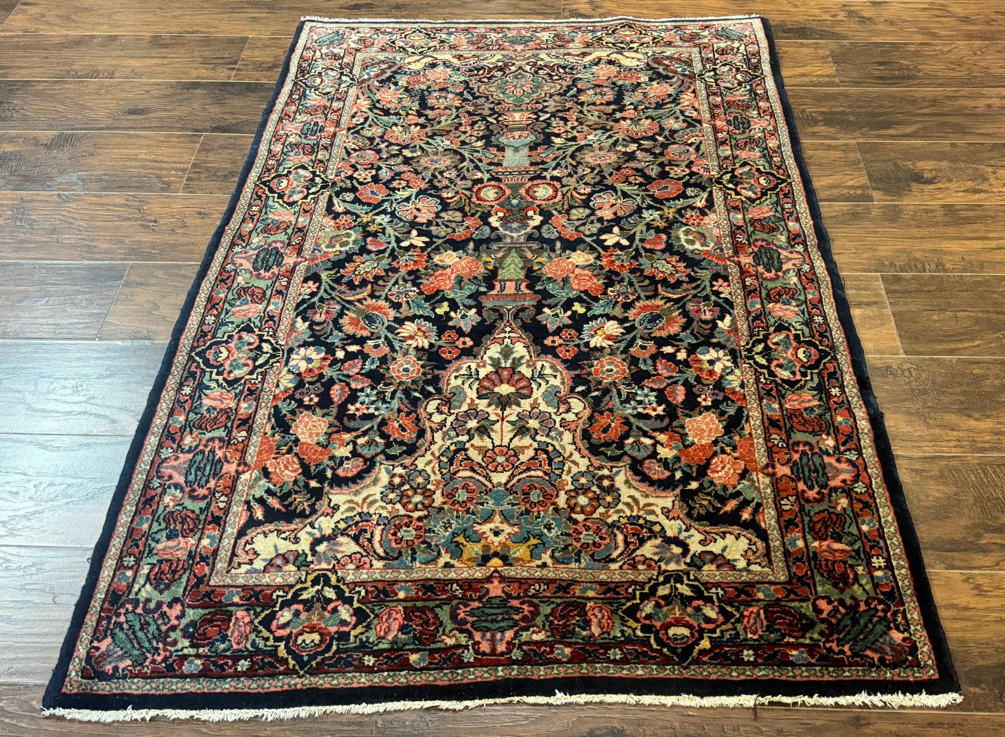Antique Persian Rug 4x5, Navy Blue 1920s Carpet, Wool, Rare, Fine, Persian Hamadan Bidjar Carpet by Jewel Rugs
