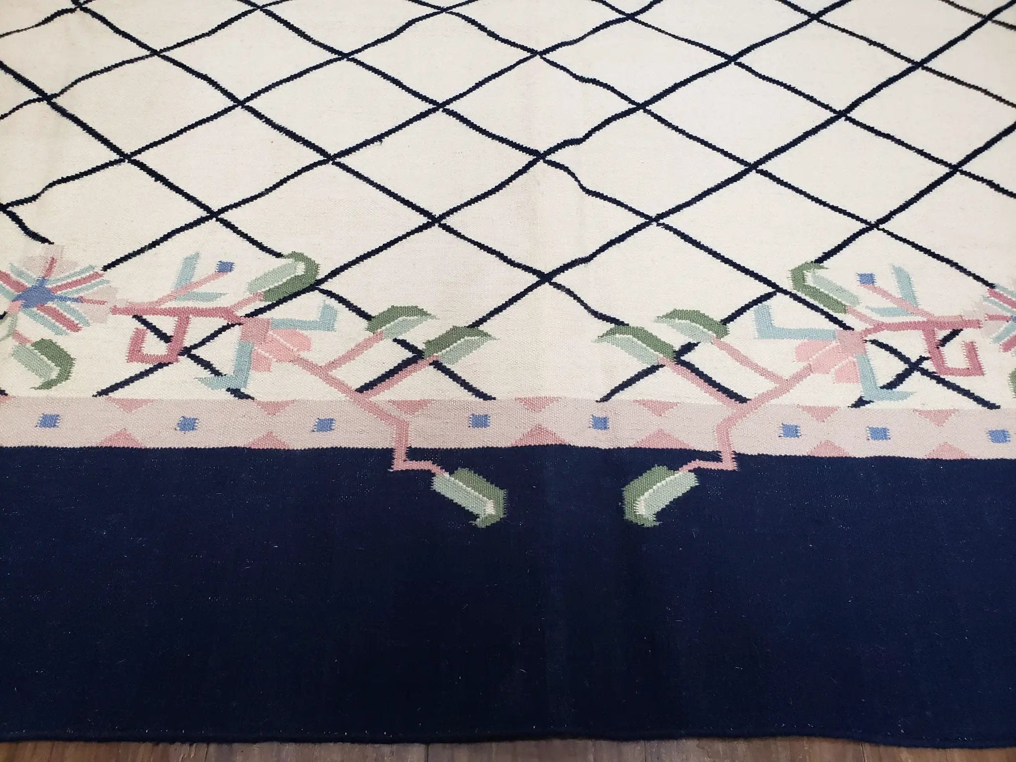 Vintage Dhurrie Rug, Indian Dhurrie 8x11 - 9x11, Wool Hand-Woven Ivory & Black Indo Carpet, Large Flat Weave Rug Living Room Rug Black White by Jewel Rugs