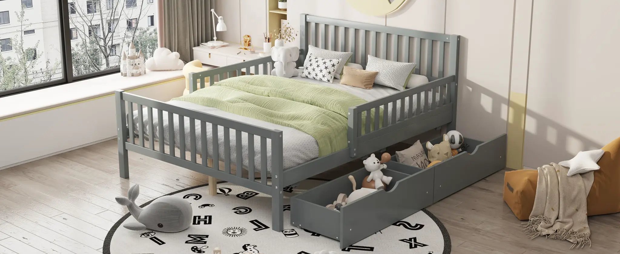 Platform Bed With Guardrails On Both Sides And 2 Storage Drawers by HouseOfZazla
