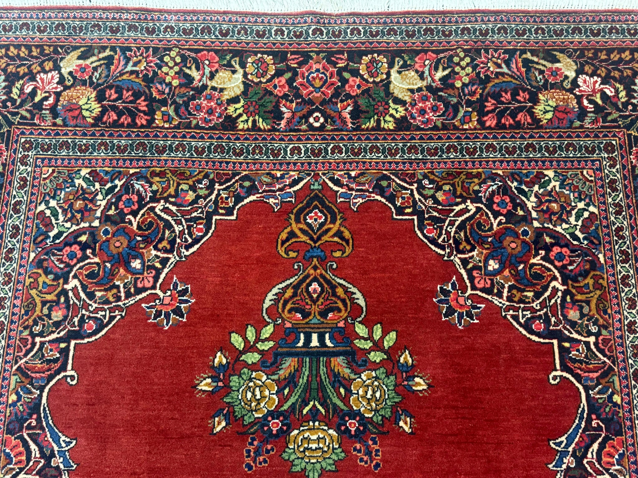 Red Persian Kashan Rug 4x6, Very Fine 260 KPSI, Red and Navy Blue Persian Carpet, Semi Open Field by Jewel Rugs