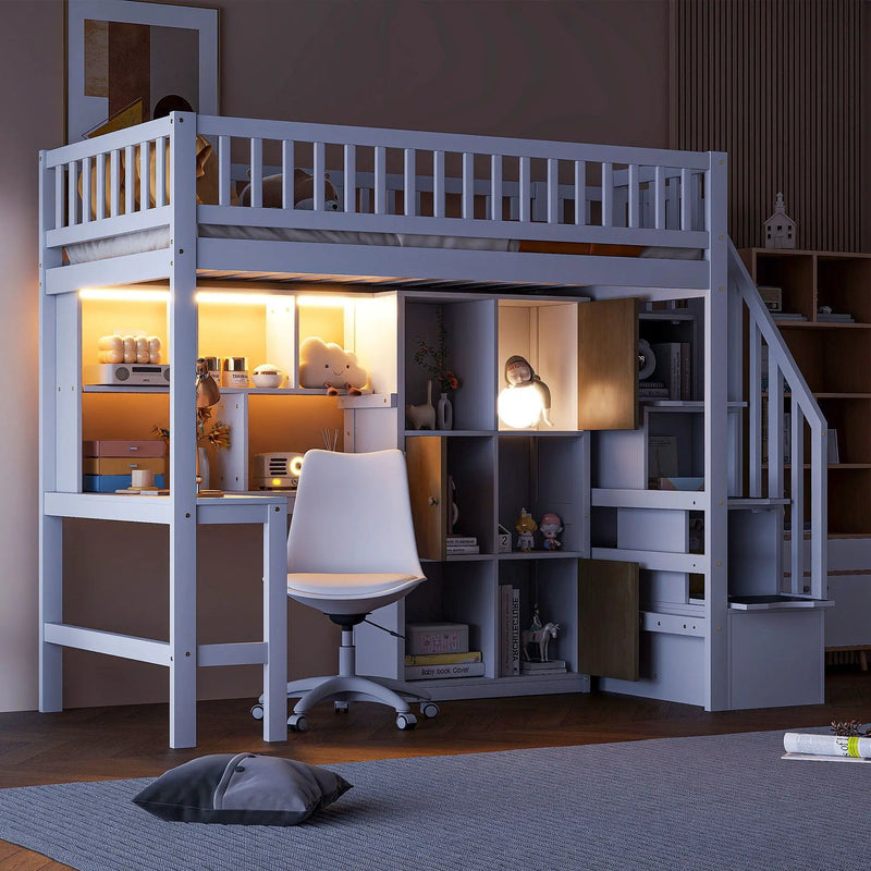 Loft Bed With Built In L Shaped Desk, LED Lights, Storage Shelves, Cabinets, And Staircase by Unique Piece Furniture